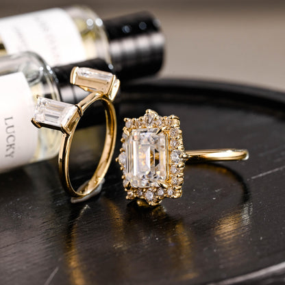 Solid Gold Emerald Cut Moissanite Engagement Ring Set, Bridal Set, Trapezoid Cut Wedding Band