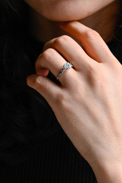 Branch Design Solid Gold Round Cut Moissanite Engagement Ring, Promise Ring, Wedding Ring