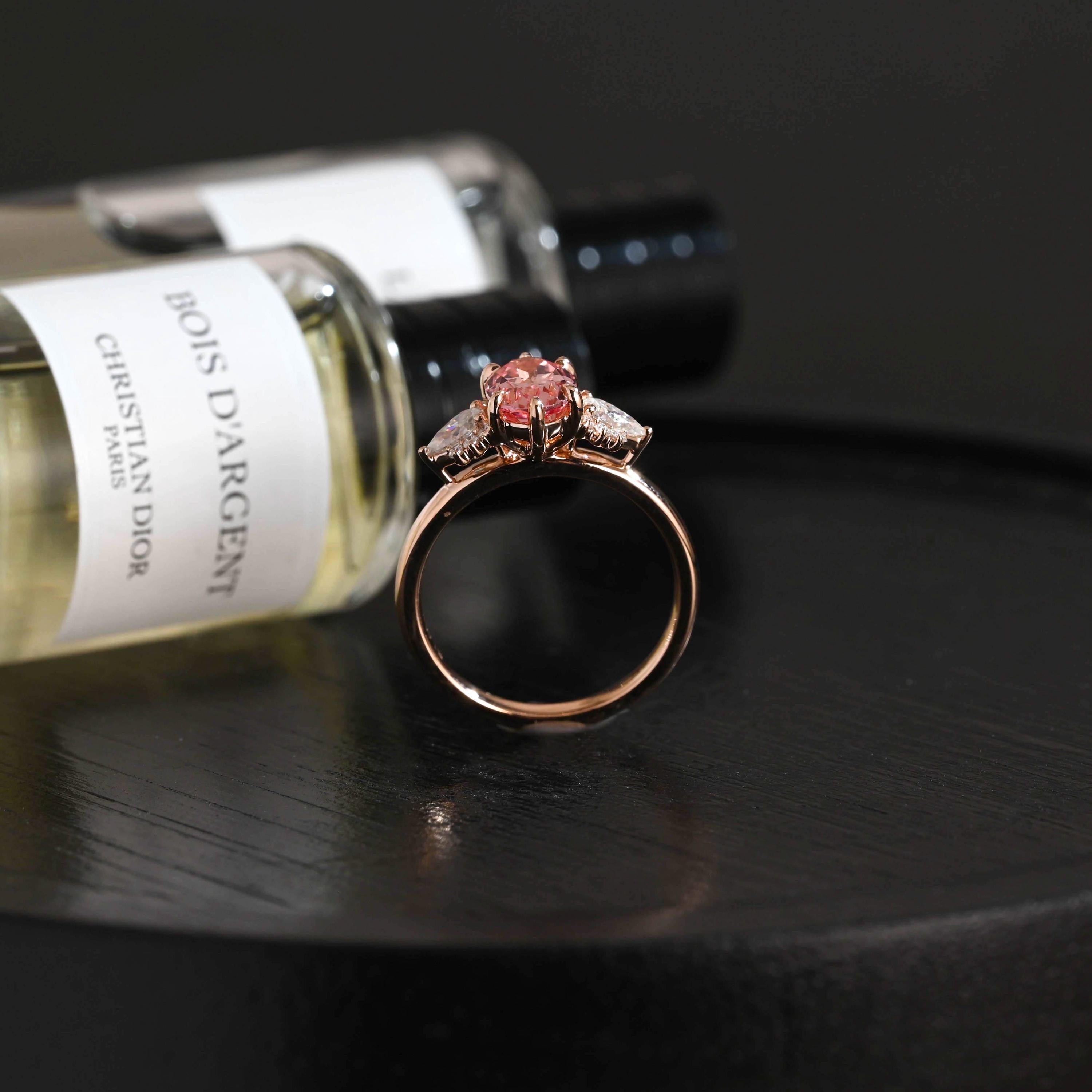 Solid Gold Oval Lab Grown Pink Sapphire Engagement Ring, Three Stone Proposal Ring
