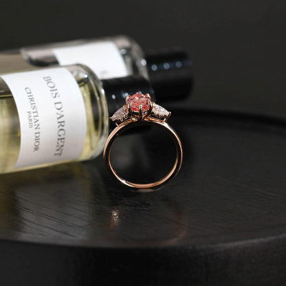 Solid Gold Oval Lab Grown Pink Sapphire Engagement Ring, Three Stone Proposal Ring