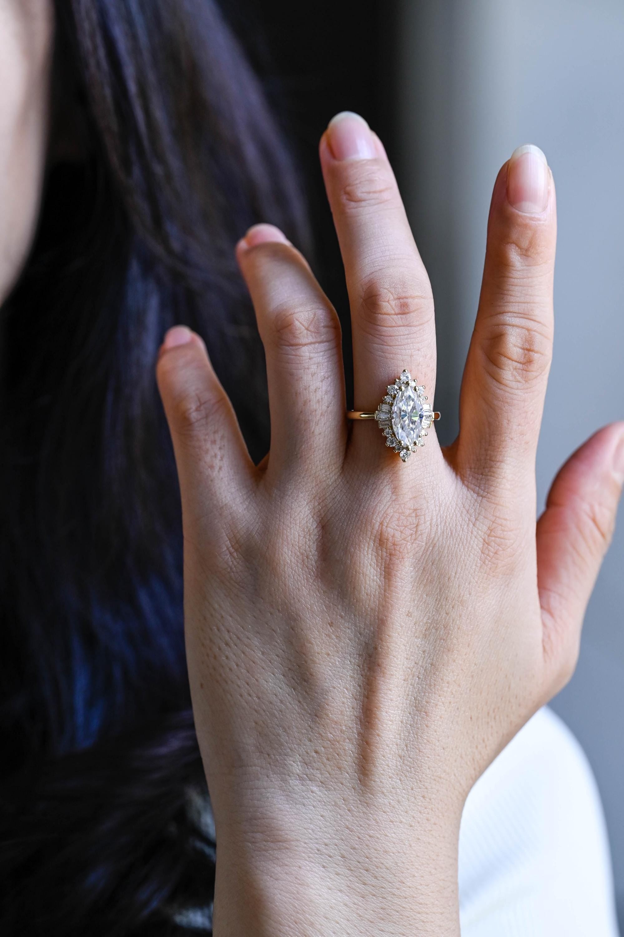 Starburst Marquise Moissanite Engagement Ring, Solid Gold Promise Ring