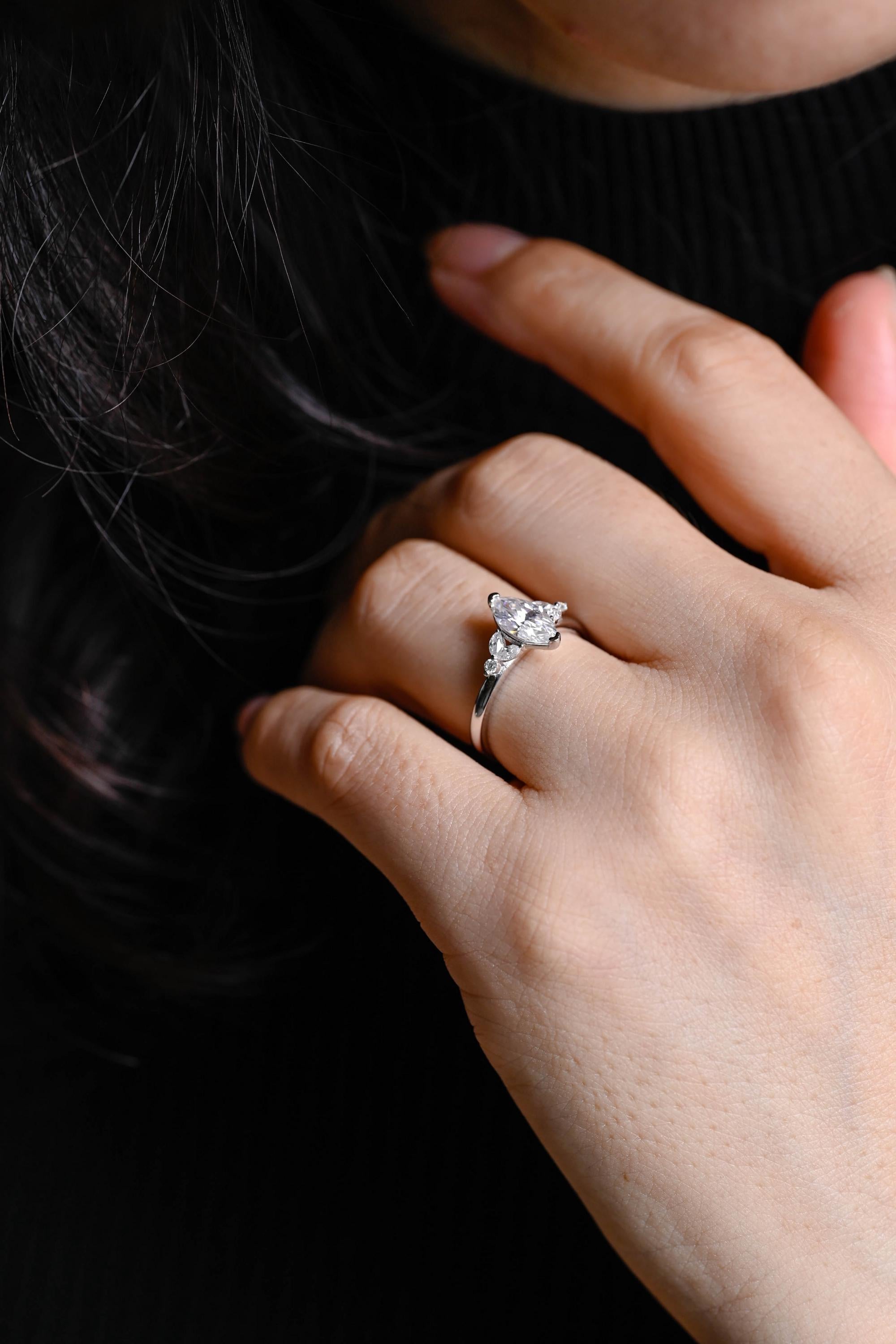 Solid Gold Marquise Moissanite Engagement Ring, Anniversary Gift