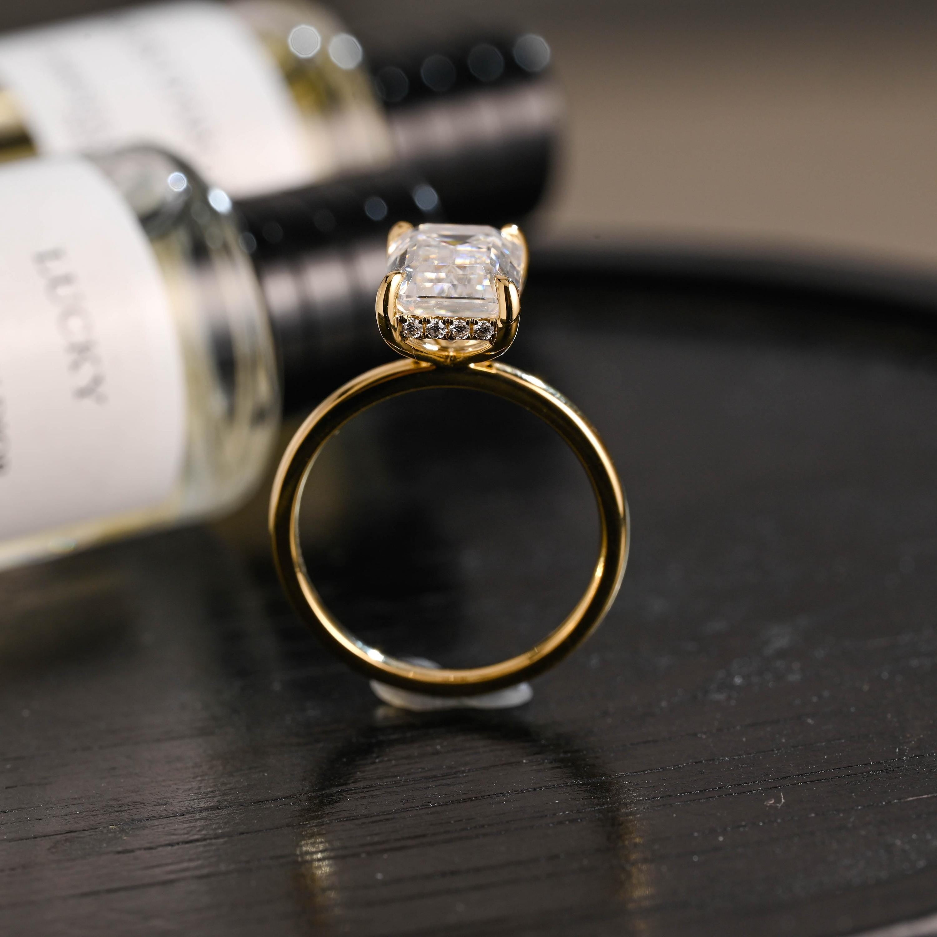 Solid Gold Hidden Halo Emerald Cut Moissanite Engagement Ring, Proposal Ring, Promise Ring, Wedding Ring, Anniversary Gift for Women Wife