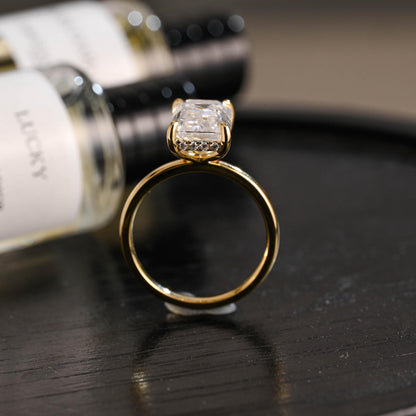 Solid Gold Hidden Halo Emerald Cut Moissanite Engagement Ring, Proposal Ring, Promise Ring, Wedding Ring, Anniversary Gift for Women Wife