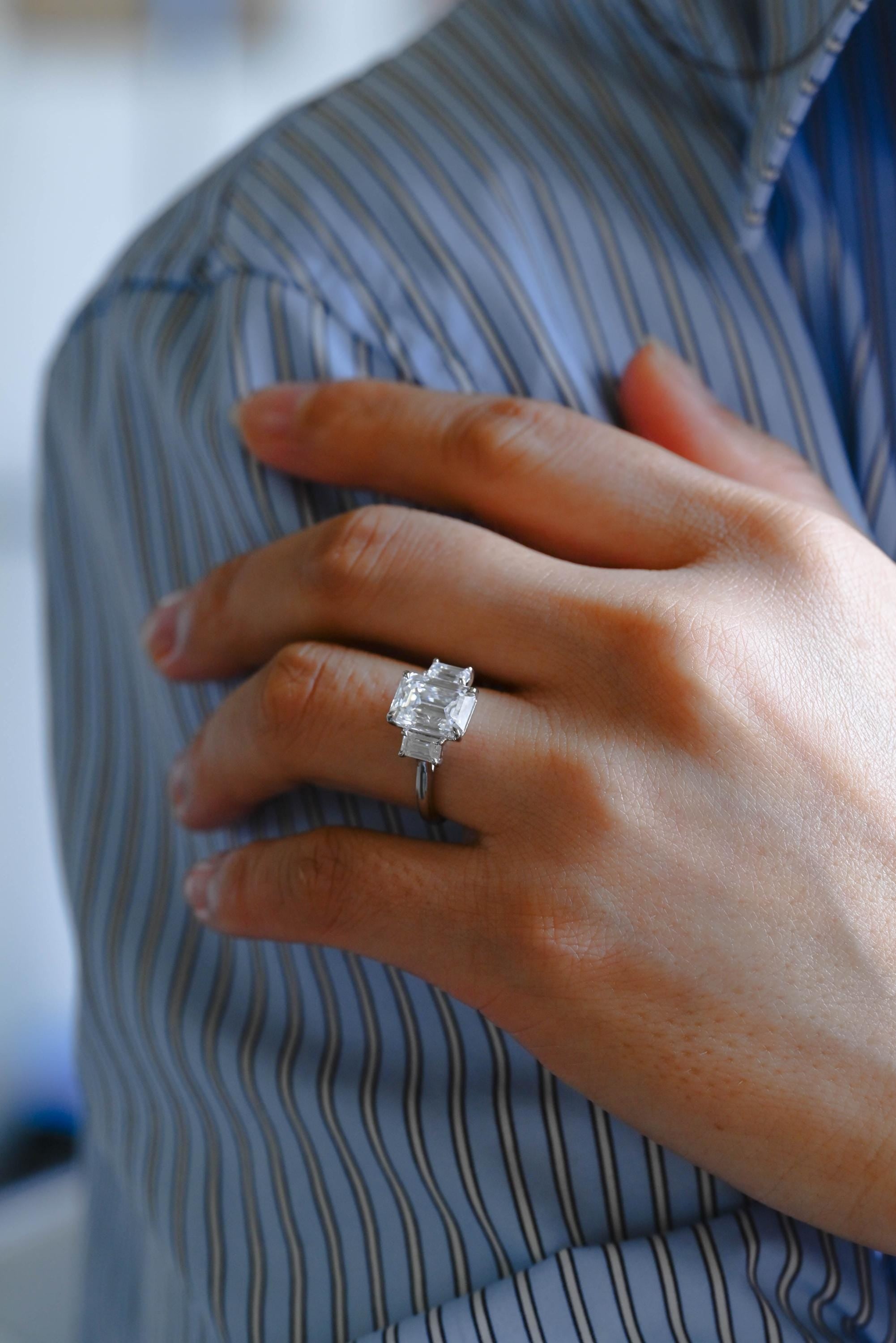 Three Stone Emerald Cut Moissanite Engagement Ring, Solid Gold Promise Ring, Gold Proposal Ring, Anniversary Gift Birthday Gift for Women