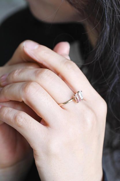 Solid Gold Toi et Moi Emerald Cut Pink Sapphire & Pear Cut Moissanite Engagement Ring