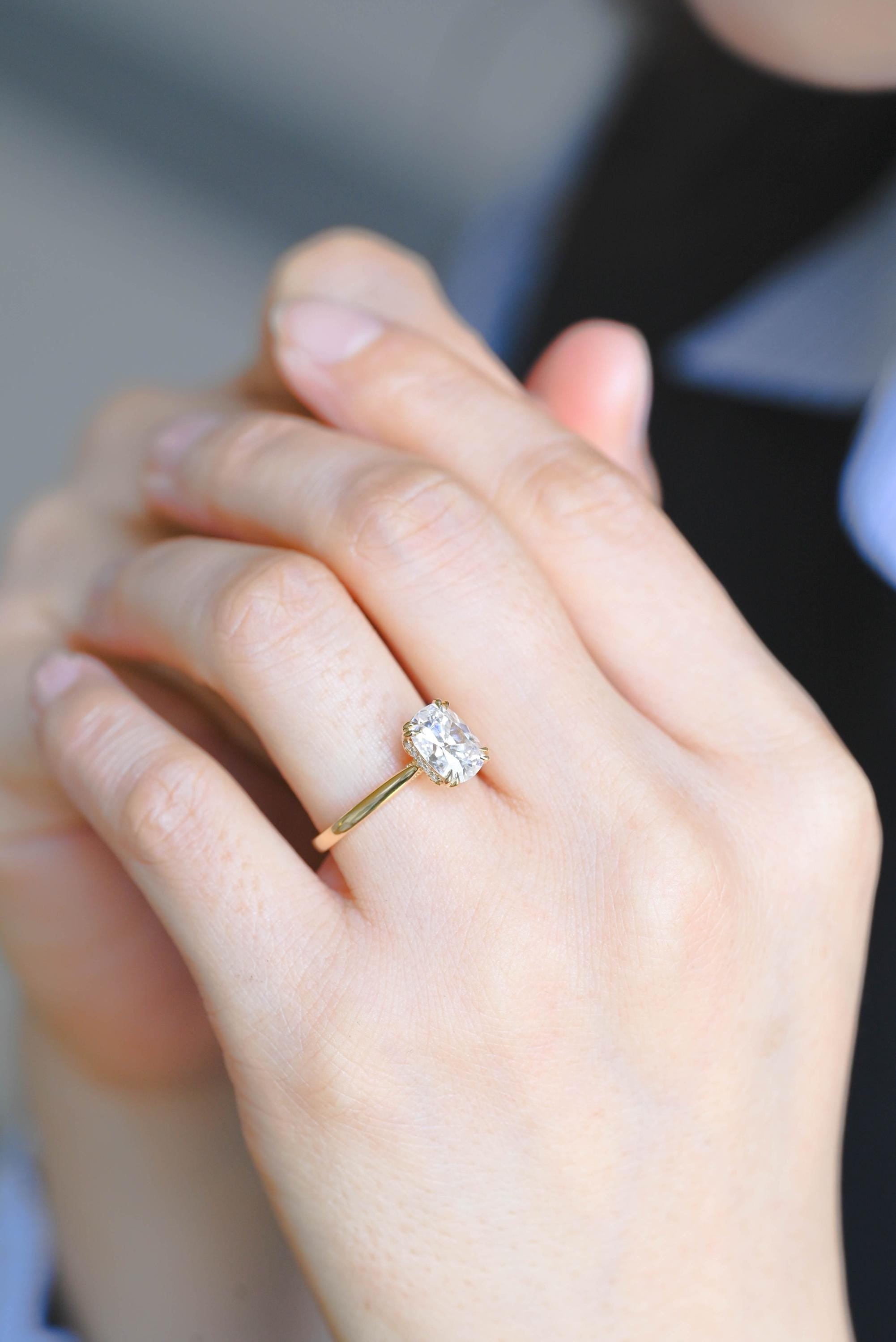 Hidden Halo Elongated Cushion Moissanite Engagement Ring, Solid Gold Proposal Ring, Promise Ring, Wedding Ring, Anniversary Gift for Women