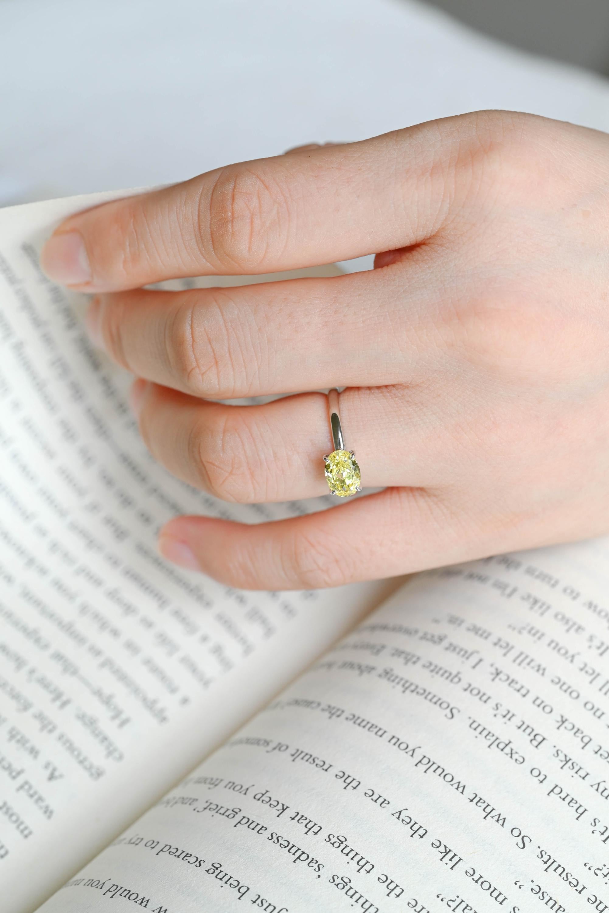 Solid Gold Oval Cut Solitaire Yellow Moissanite Engagement Ring, Gift for Women