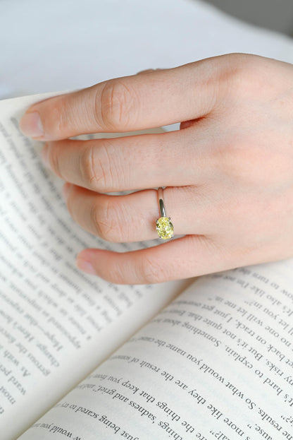 Solid Gold Oval Cut Solitaire Yellow Moissanite Engagement Ring, Gift for Women