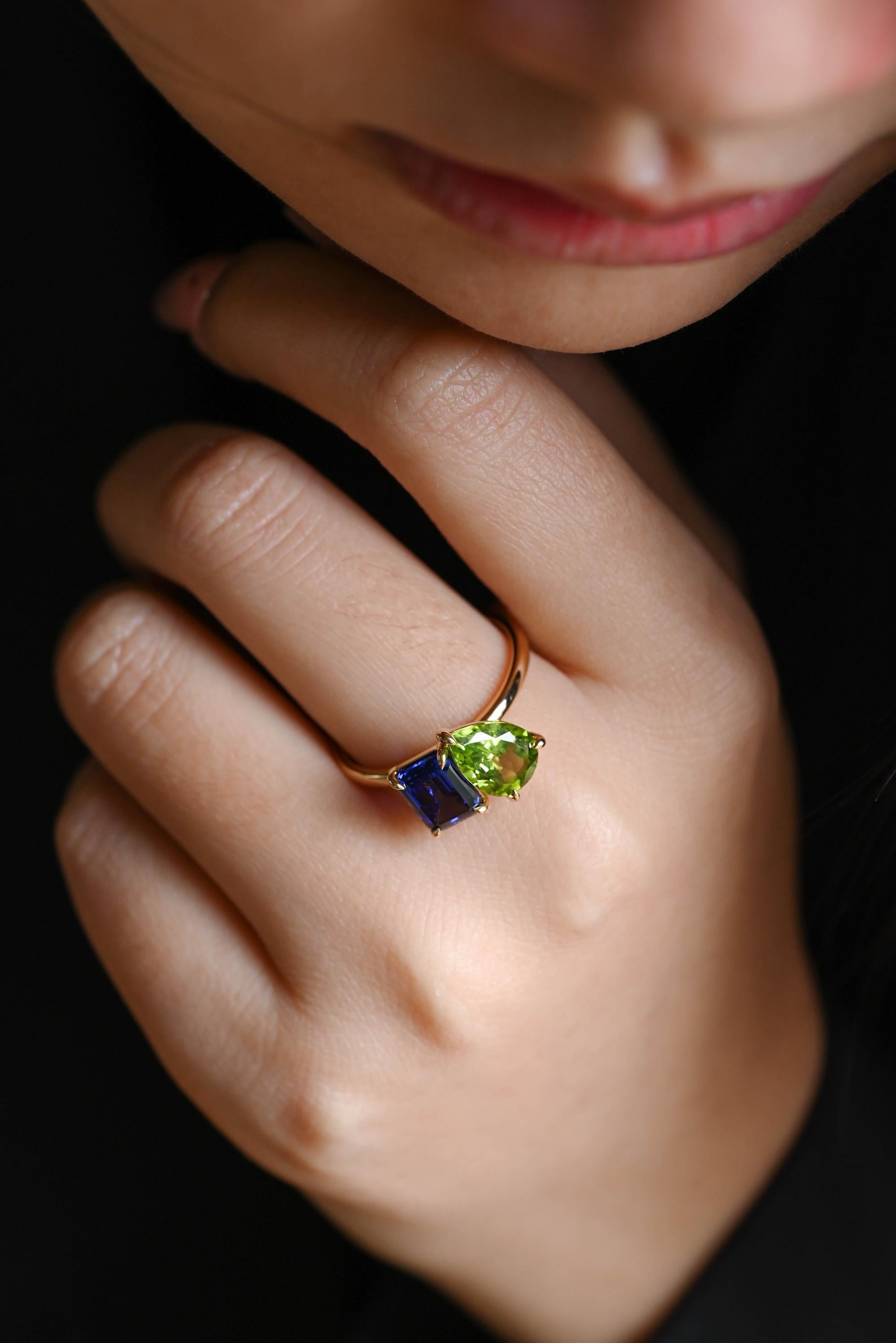 Solid Gold Toi et Moi Emerald Cut Lab Grown Sapphire & Pear Peridot Engagement Ring