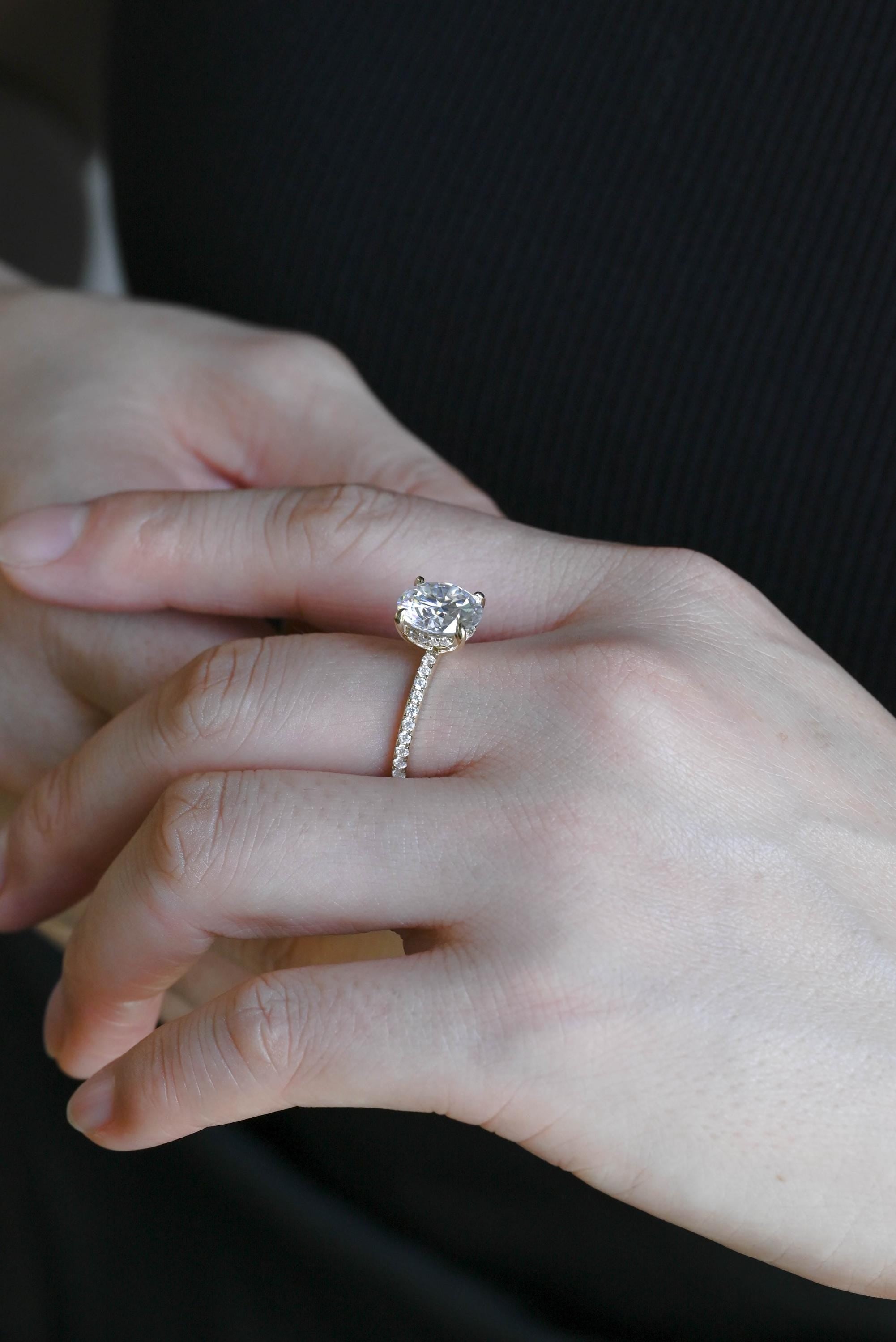 Hidden Halo Solid Gold Round Cut Moissanite Accent Stones Engagement Ring, Birthday Gift for Women Wife