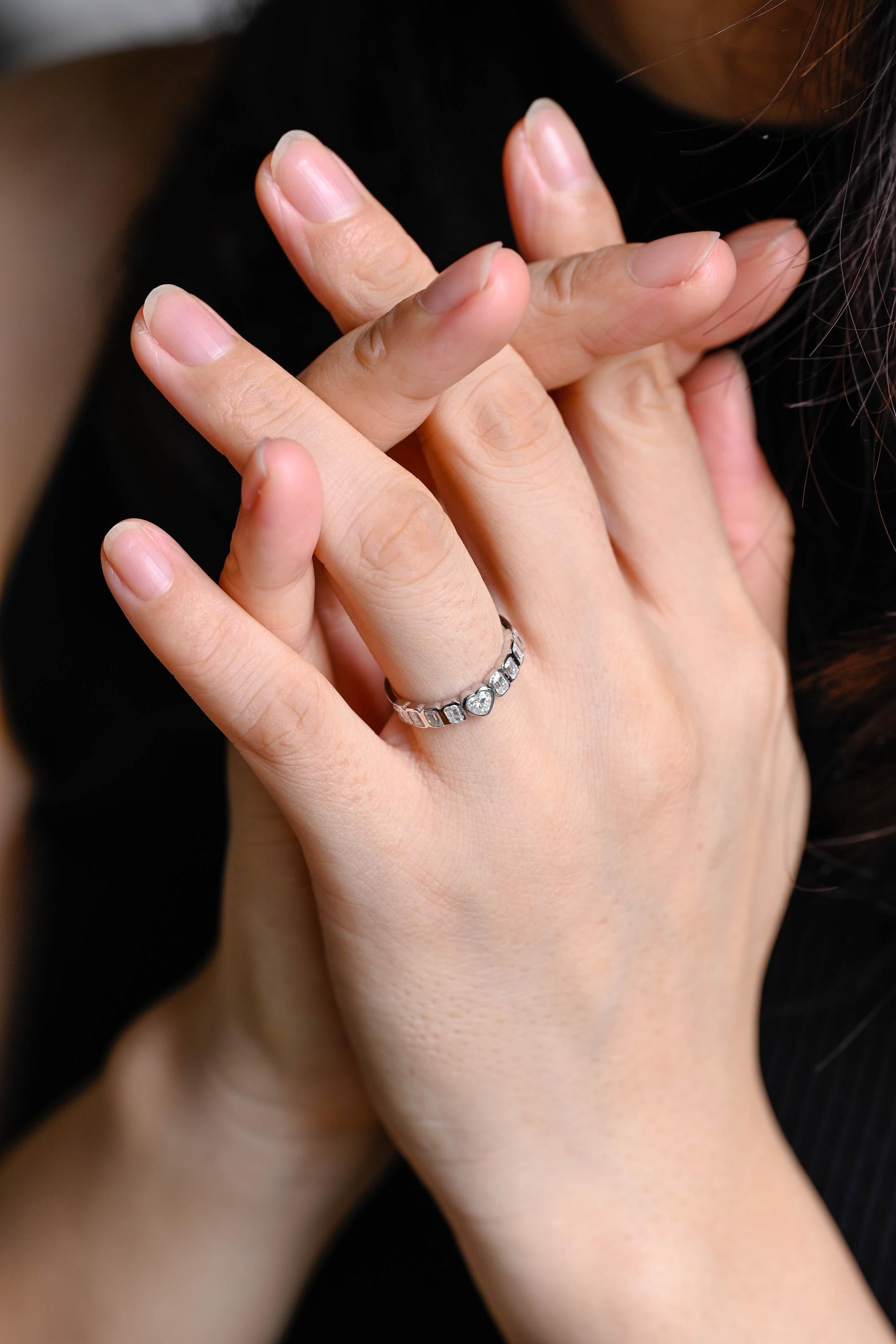Solid Gold Heart & Emerald Cut Moissanite Wedding Band, Anniversary Gift