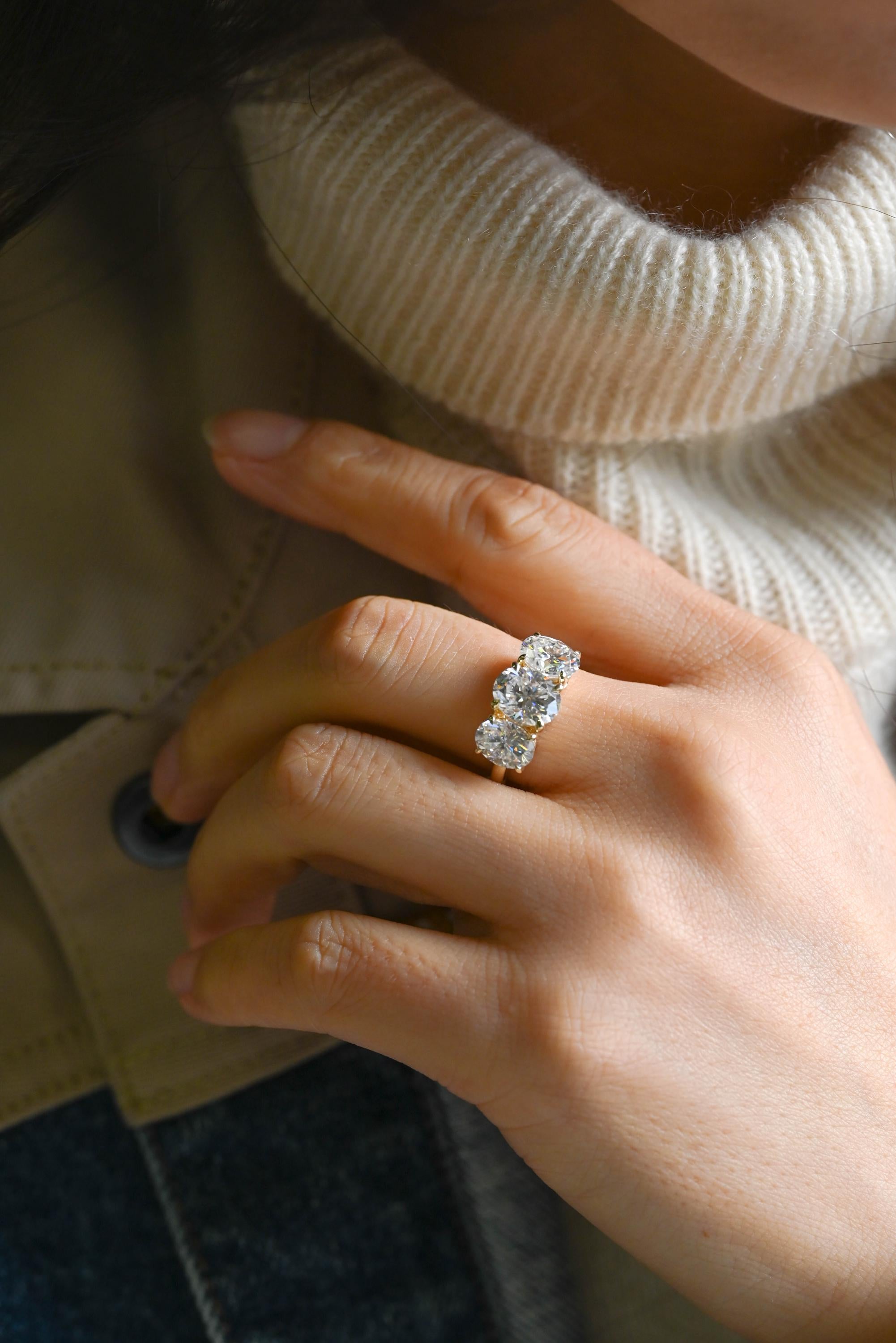 Solid Gold Hidden Halo Three Stone Oval Cut Moissanite Engagement Ring