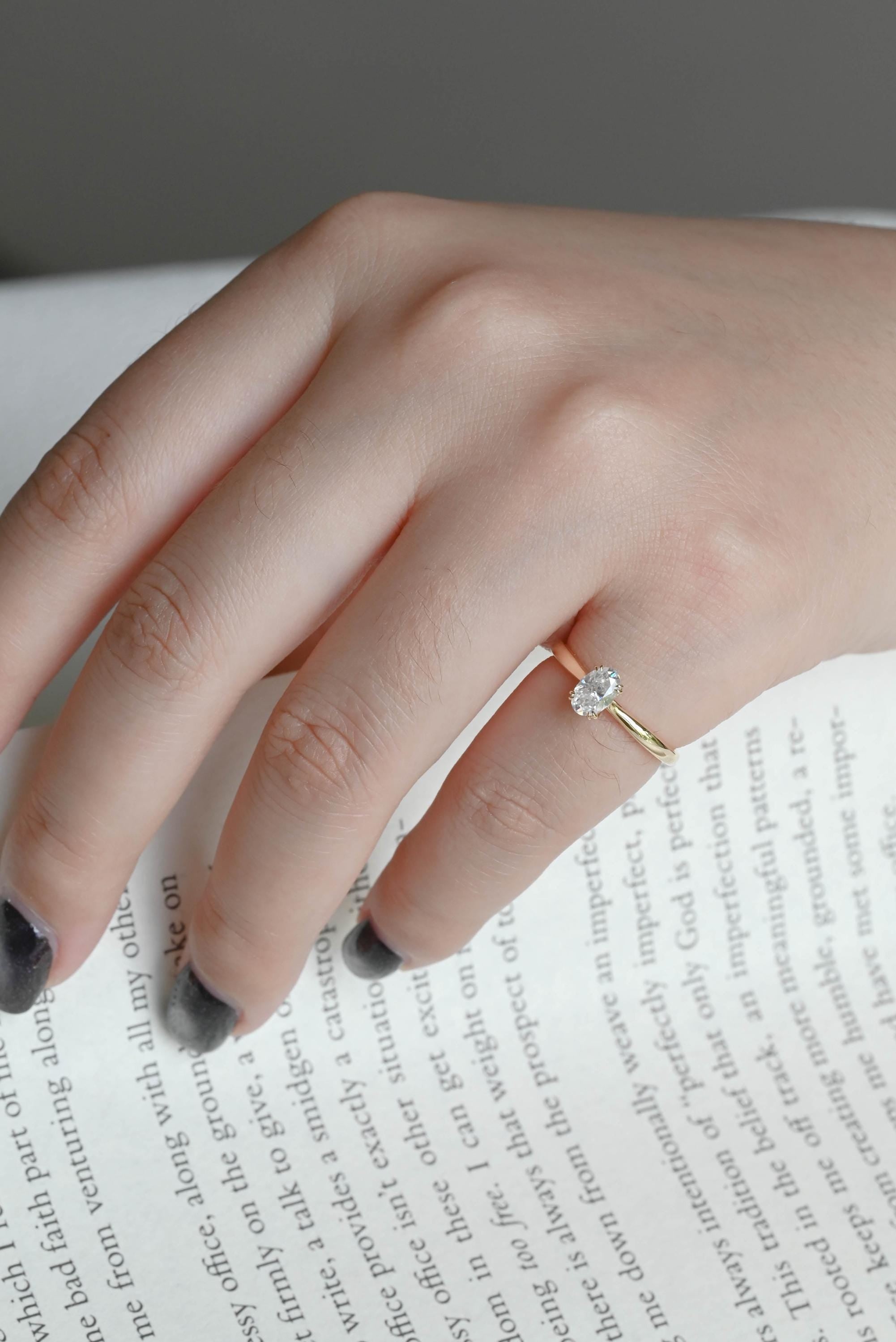Solid Gold Oval Cut Moissanite Engagement Ring, Anniversary Gift for Women