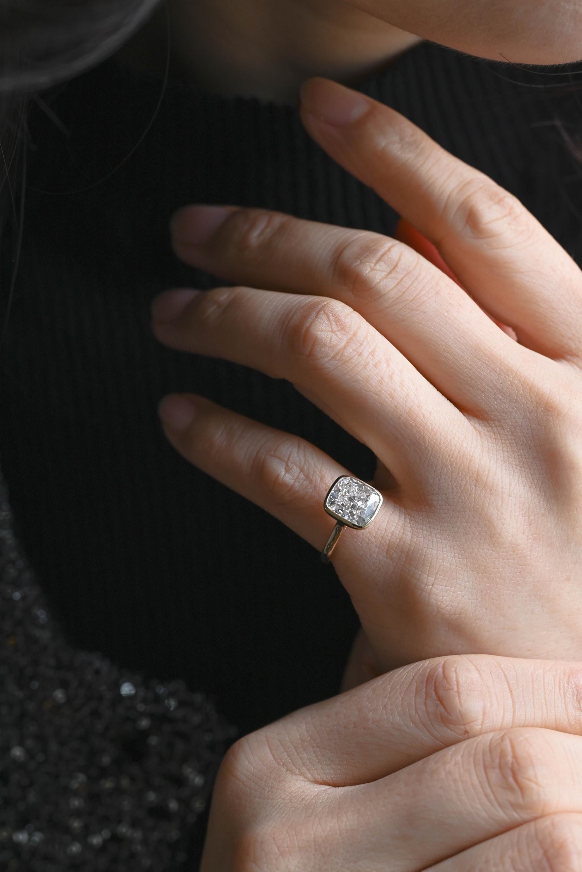 Solid Gold Bezel Elongated Cushion Cut Moissanite Engagement Ring, Proposal Ring, Promise Ring