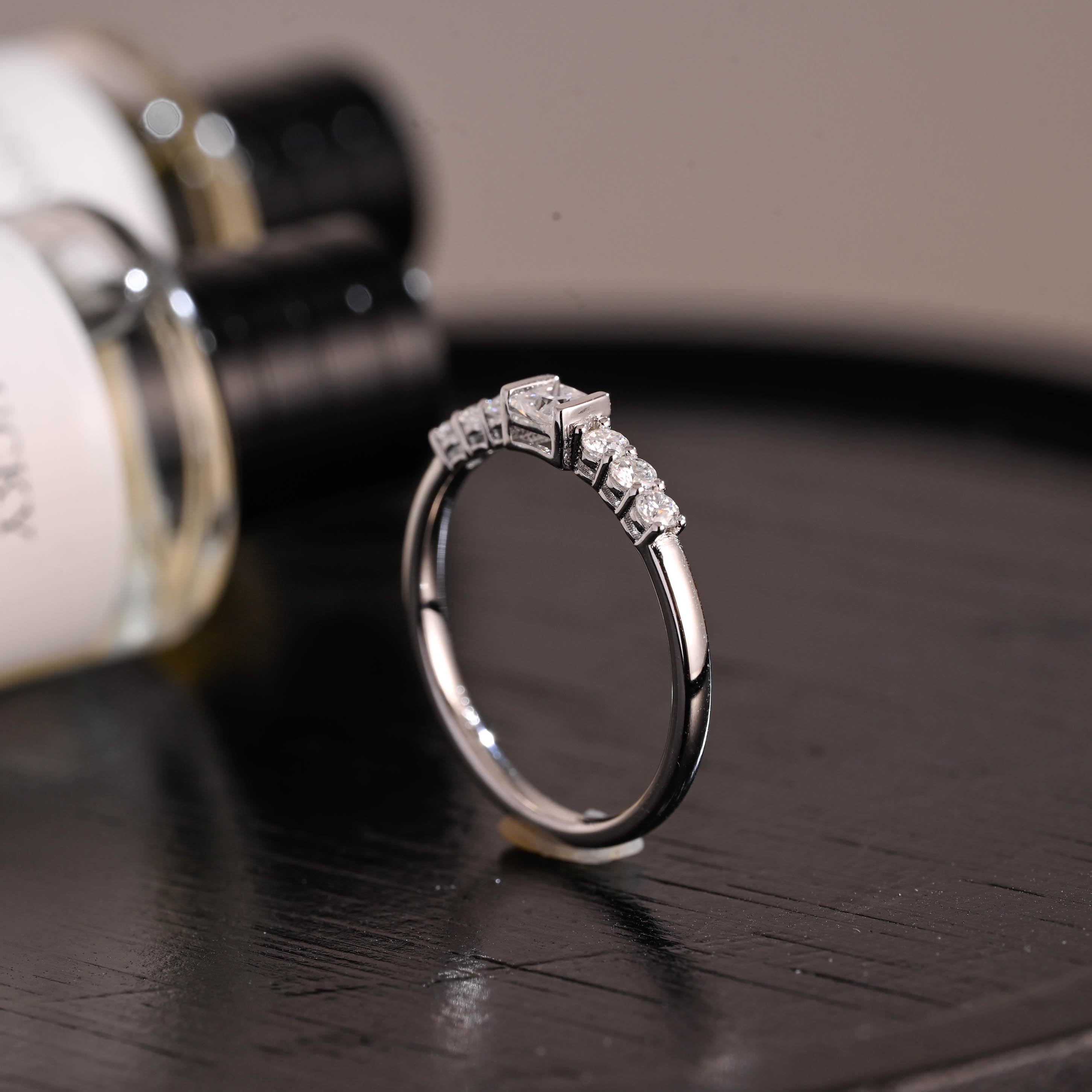 Solid Gold Moissanite Wedding Band, Princess & Round Cut Ring