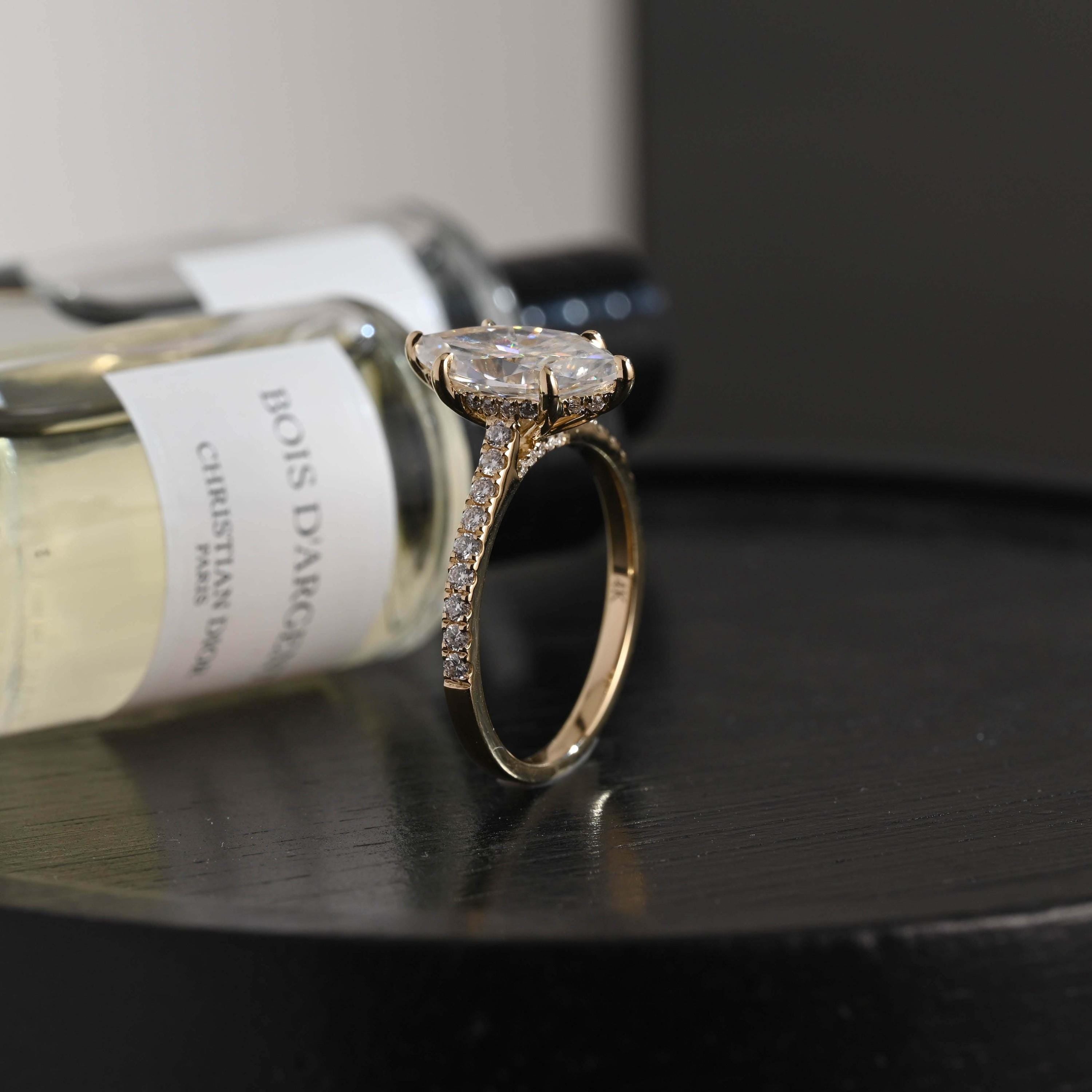 Solid Gold Marquise Cut Moissanite Engagement Ring, Pave Hidden Halo Wedding Ring