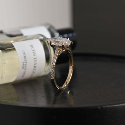Solid Gold Marquise Cut Moissanite Engagement Ring, Pave Hidden Halo Wedding Ring