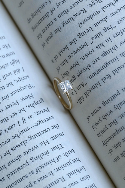 Solid Gold Princess Cut Moissanite Engagement Ring, Classic Low Setting Anniversary Ring for Women