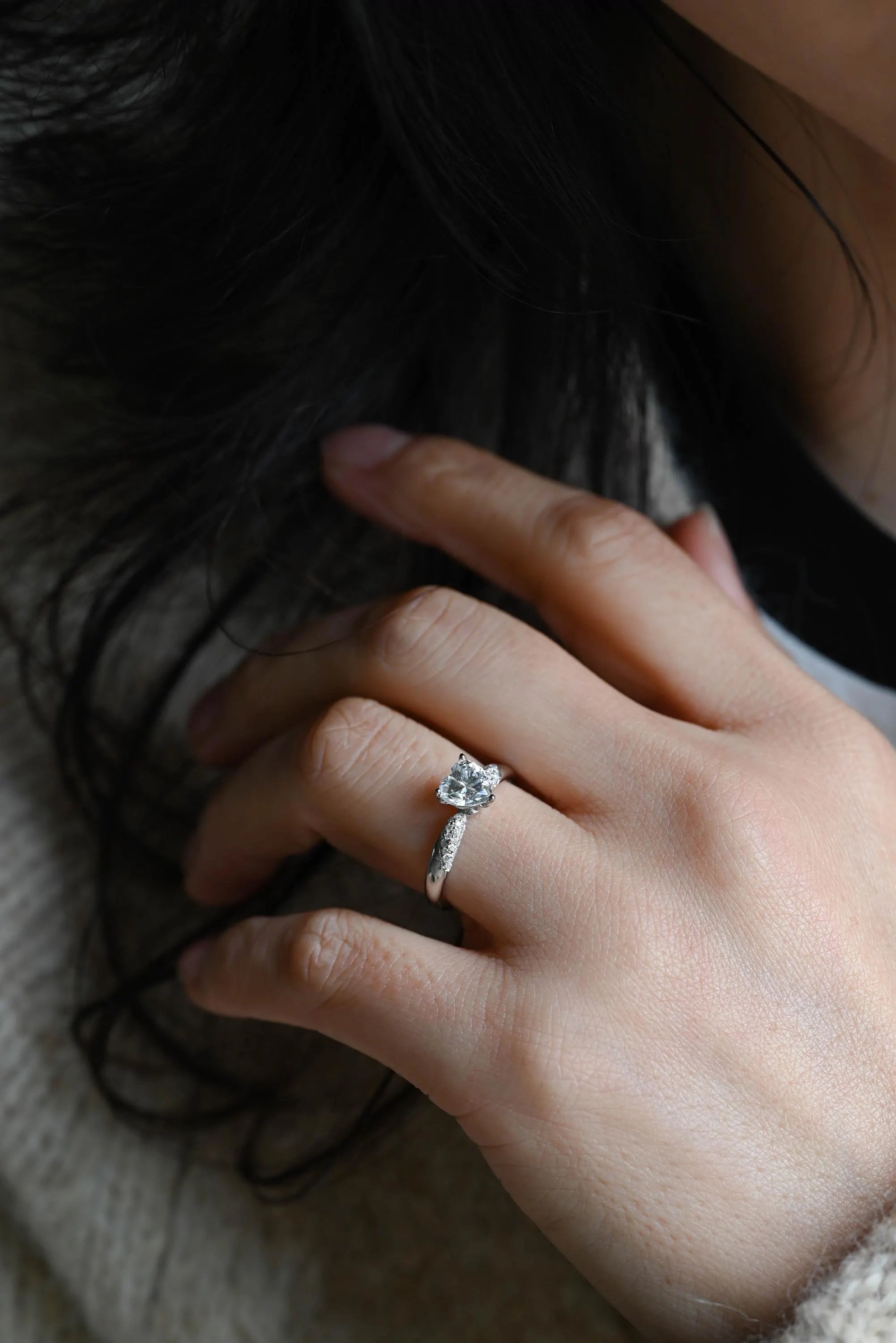 Solid Gold Heart Cut Moissanite Engagement Ring, Pave BandWedding Ring