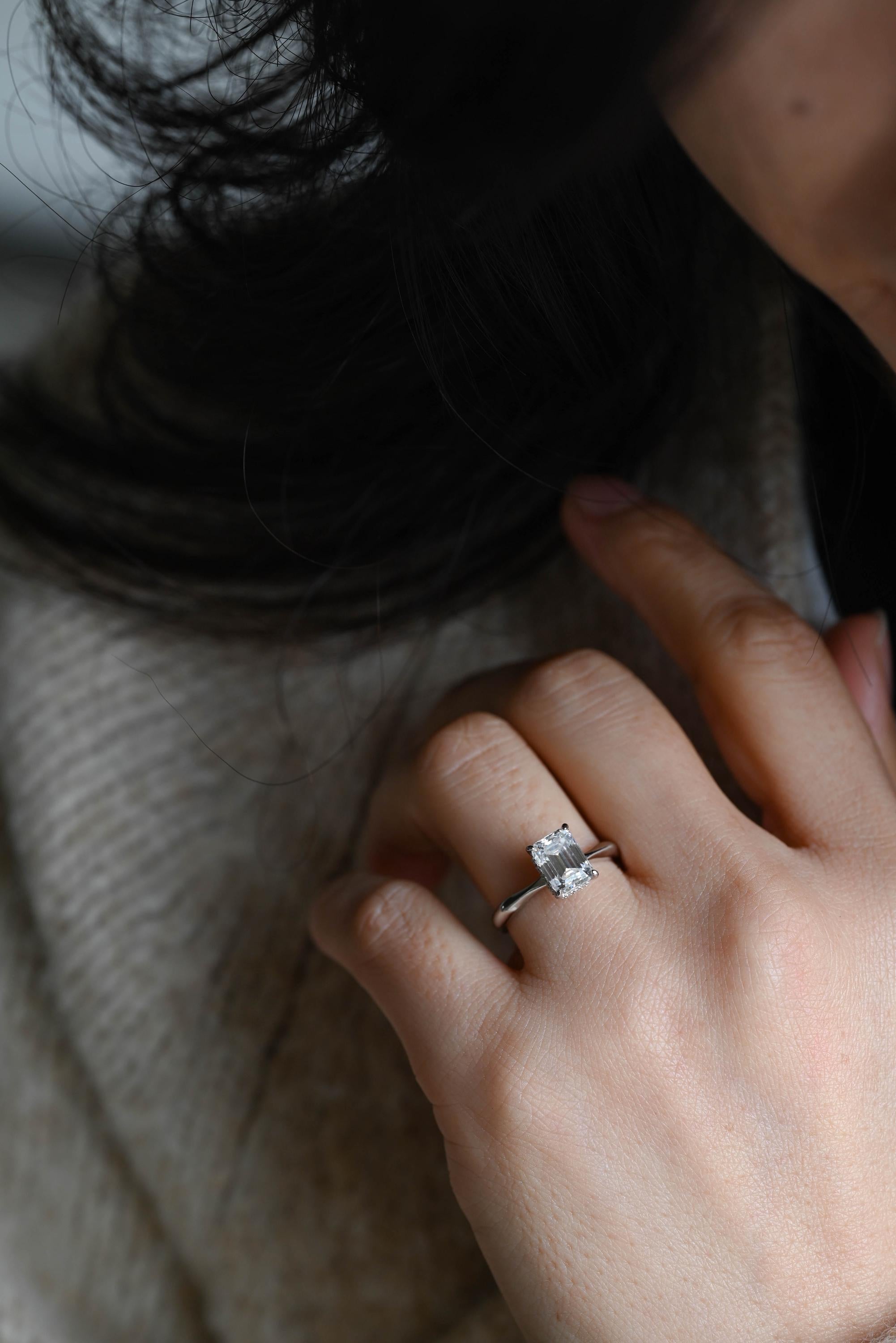 Solid Gold Hidden Halo Emerald Cut Moissanite Engagement Ring, Proposal Ring, Promise Ring, Wedding Ring, Anniversary Gift for Women Wife
