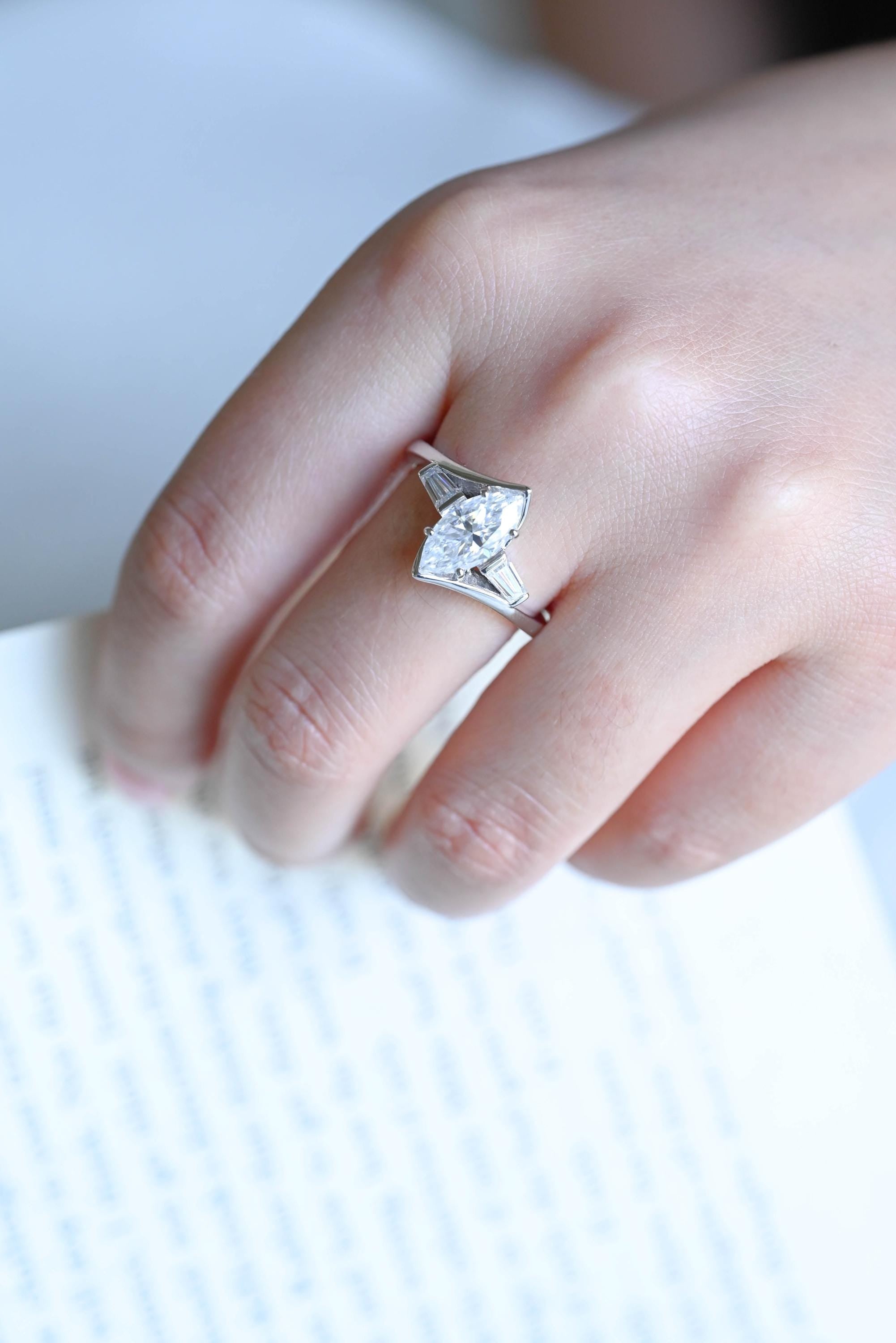 Solid Gold Bypass Marquise Moissanite Ring, Trapezoid Accent Stones, Statement Ring