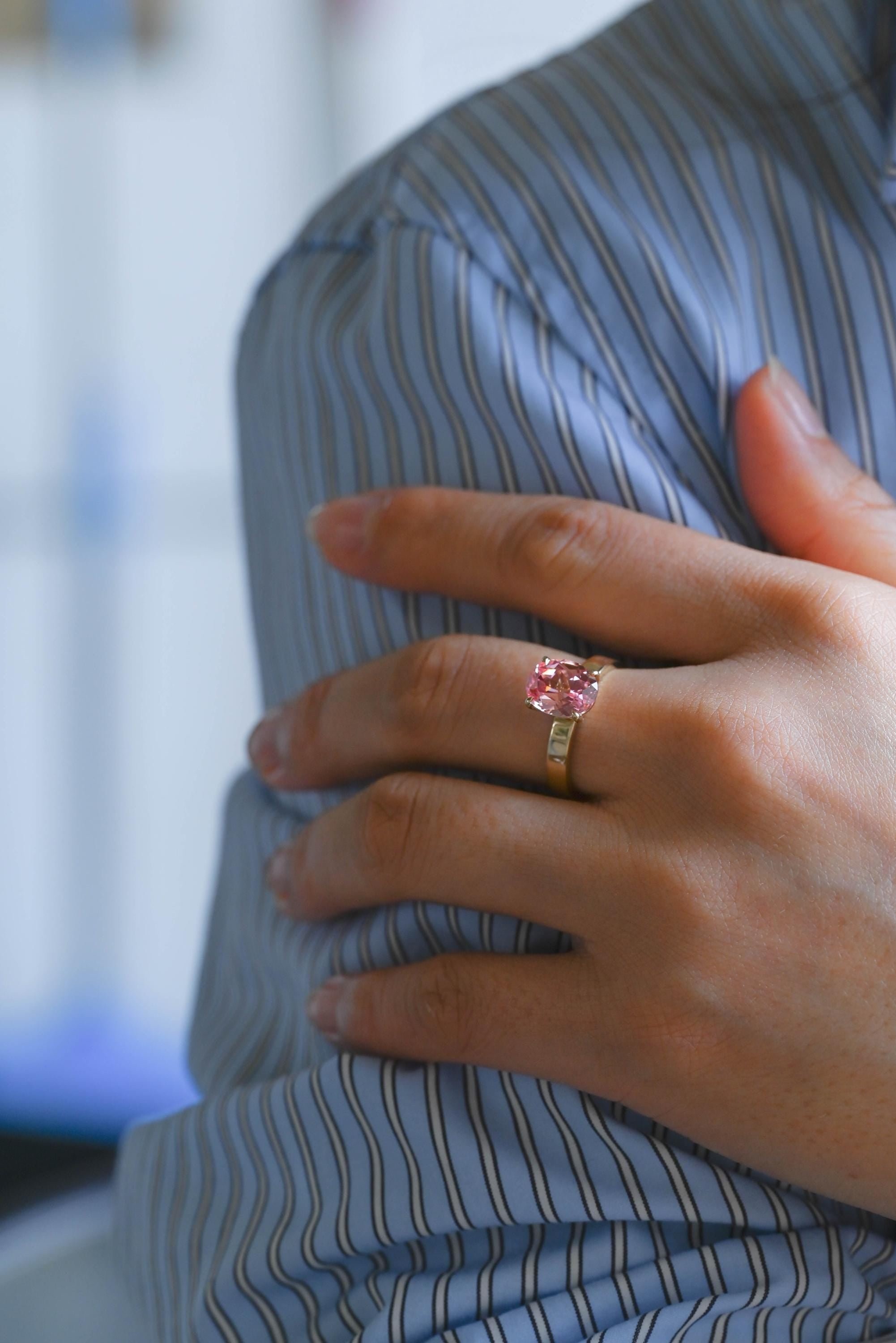 Solid Gold Oval Cut Solitaire Lab Grown Pink Sapphire Engagement Ring, 3mm Wide Proposal Ring