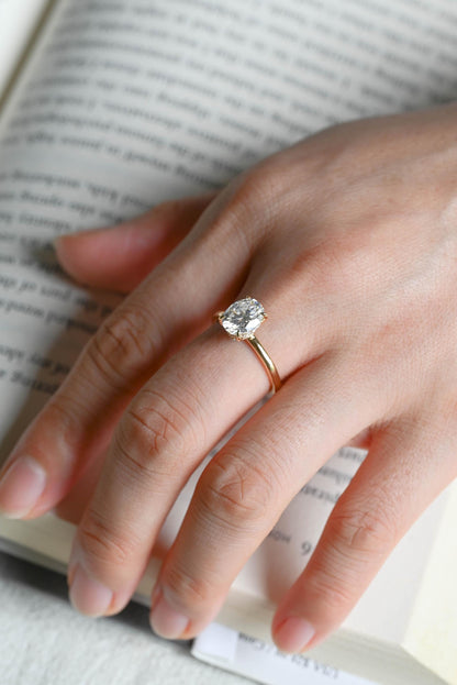 Solid Gold Oval Moissanite Engagement Ring, Hidden Halo Promise Ring