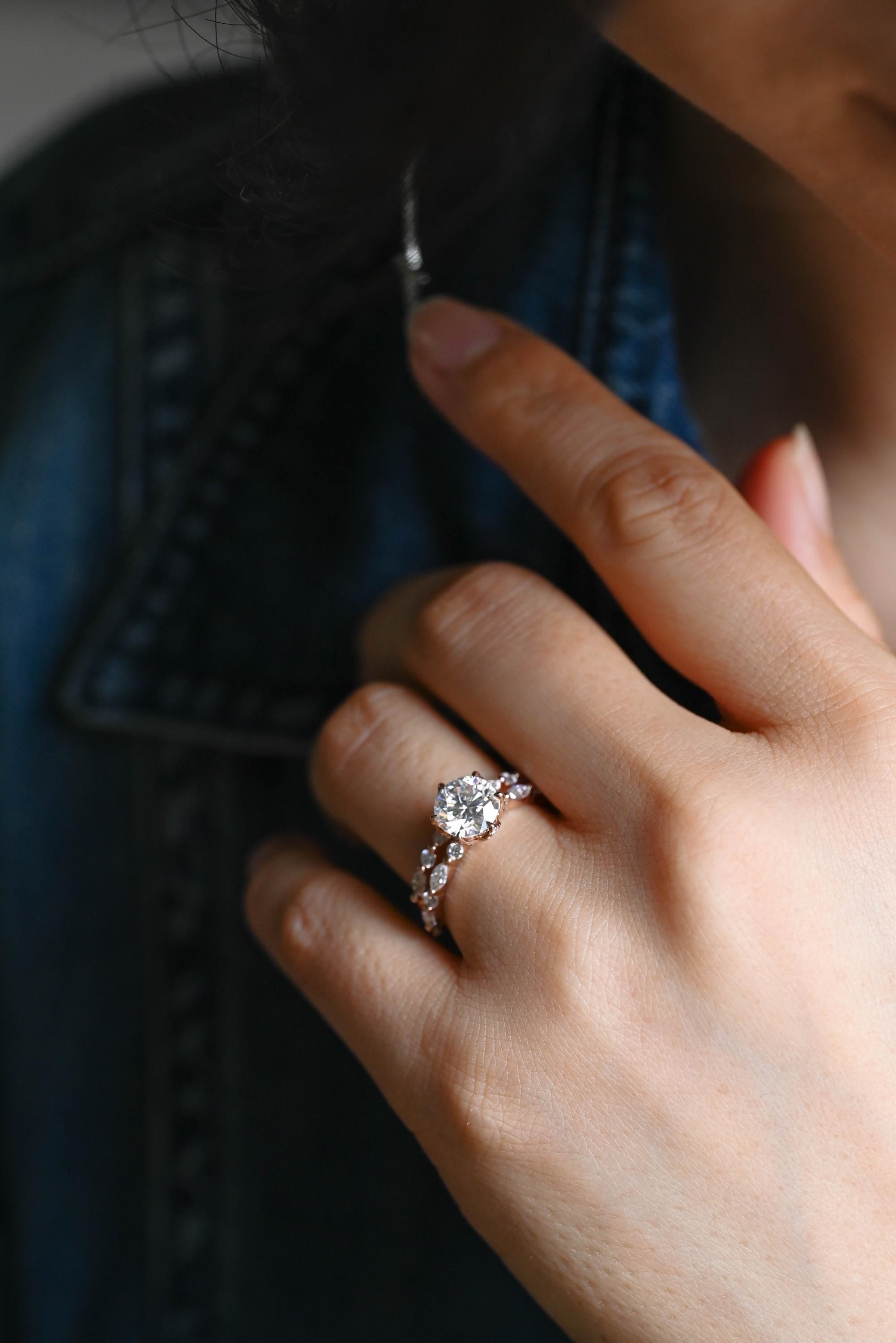 Solid Gold Round Cut Moissanite Engagement Ring Set, Marquise Bridal Round Wedding Ring Set