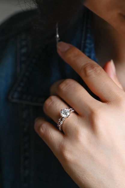 Solid Gold Round Cut Moissanite Engagement Ring Set, Marquise Bridal Round Wedding Ring Set
