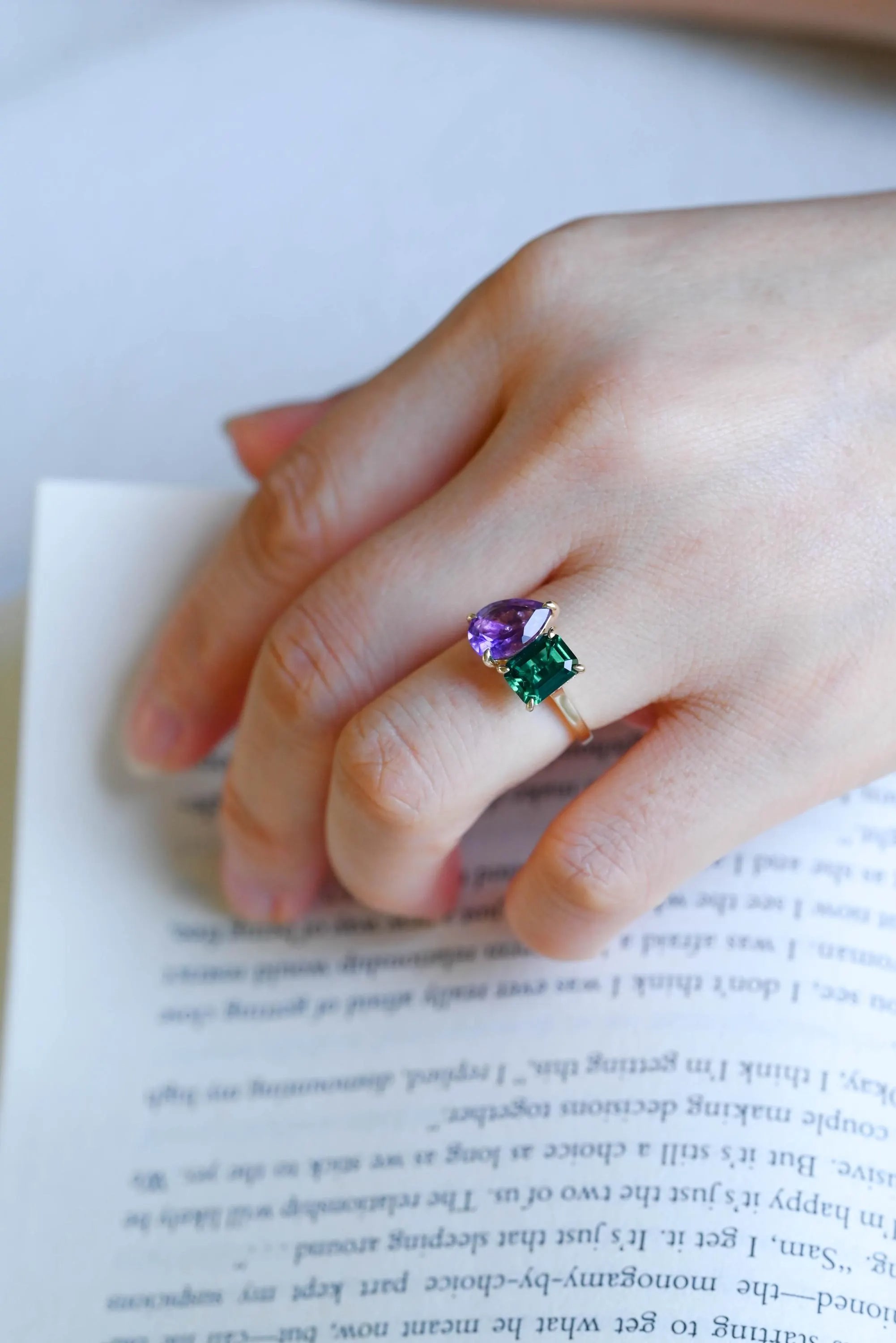 Solid Gold Toi et Moi Pear Amethyst & Lab Grown Emerald Engagement Ring