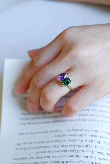 Solid Gold Toi et Moi Pear Amethyst & Lab Grown Emerald Engagement Ring