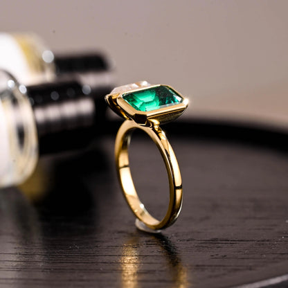 Bezel Toi et Moi Engagement Ring, Lab Grown Emerald Ring, Solid Gold Pear Cut Moissanite Wedding Ring