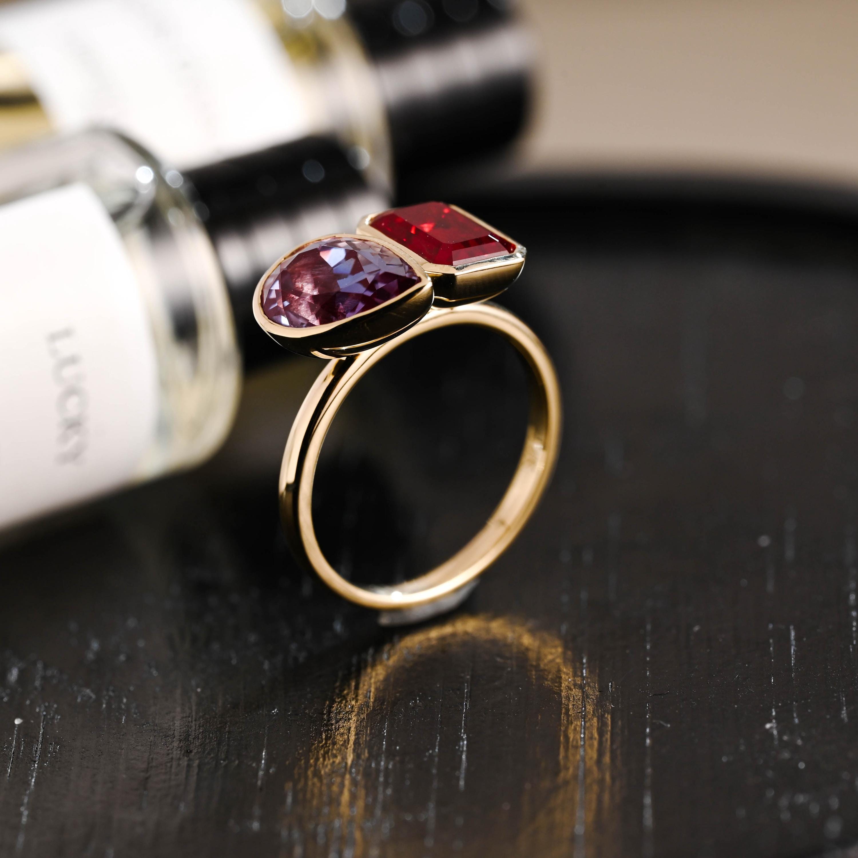 Solid Gold Emerald Cut Lab Grown Ruby & Pear Lab Grown Alexandrite Toi et Moi Engagement Ring