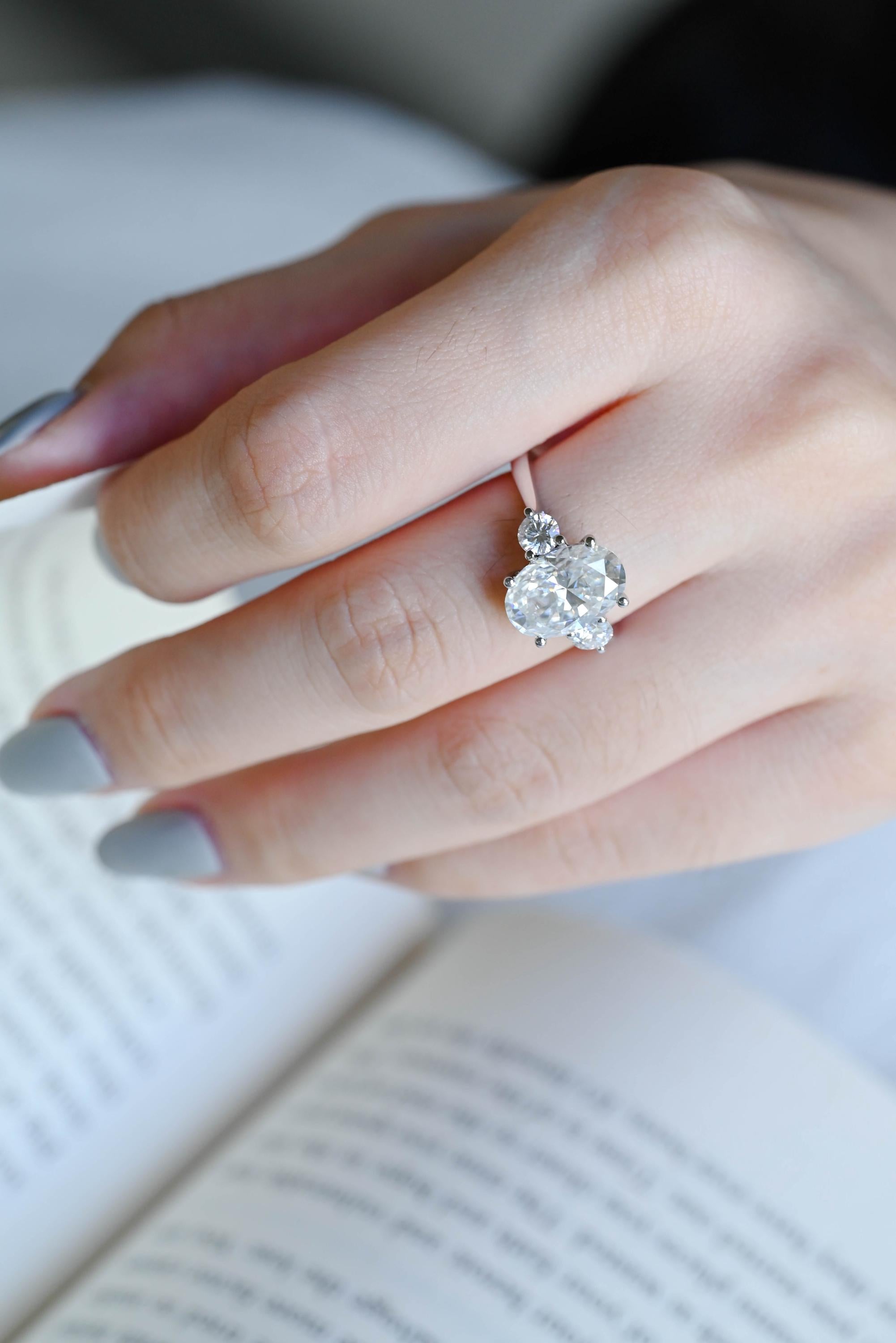 Solid Gold Three Stone Oval Moissanite Engagement Ring, Anniversary Gift Birthday Gift for Women