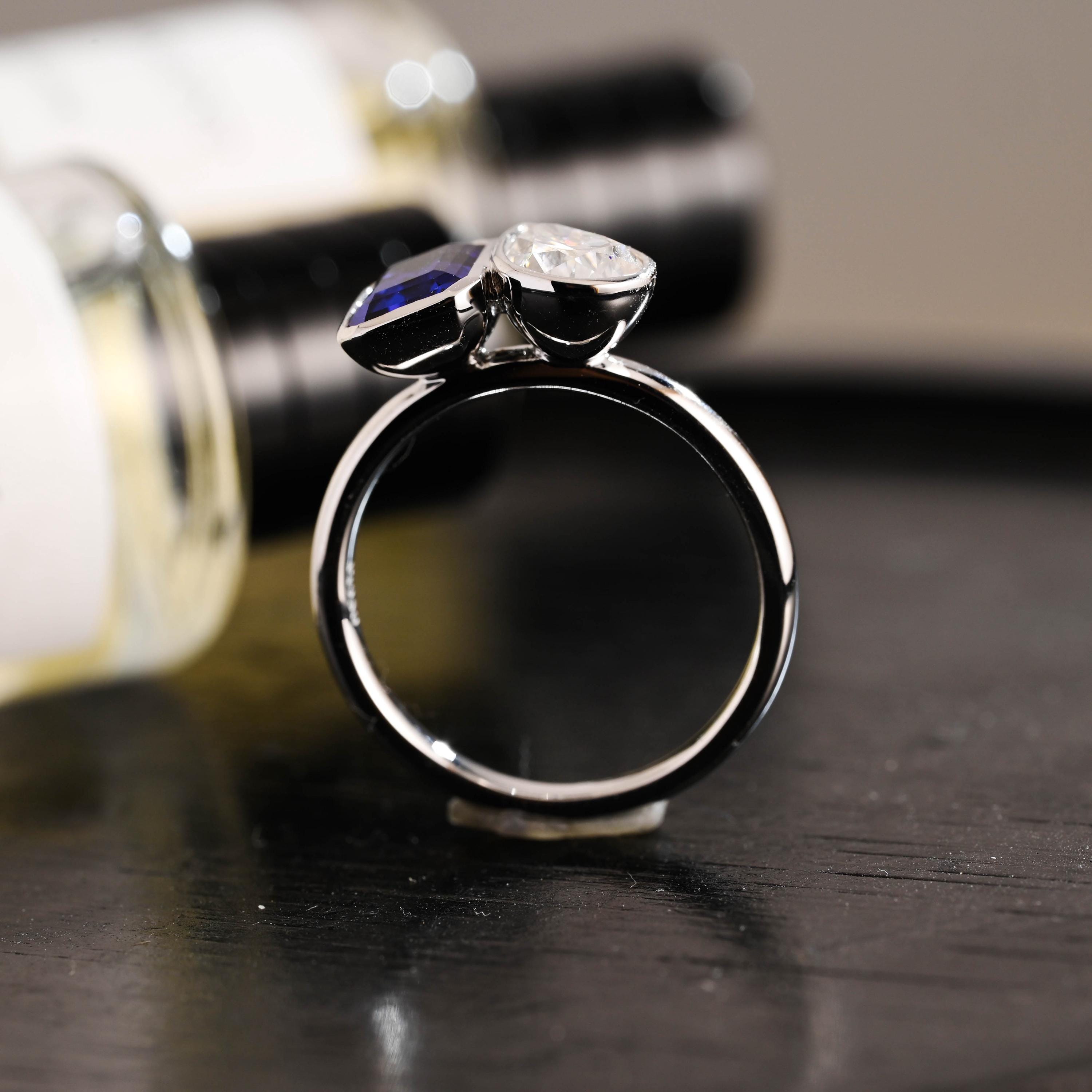 Bezel Solid Gold Emerald Cut Lab Grown Sapphire & Pear Cut Moissanite Toi et Moi Engagement Ring