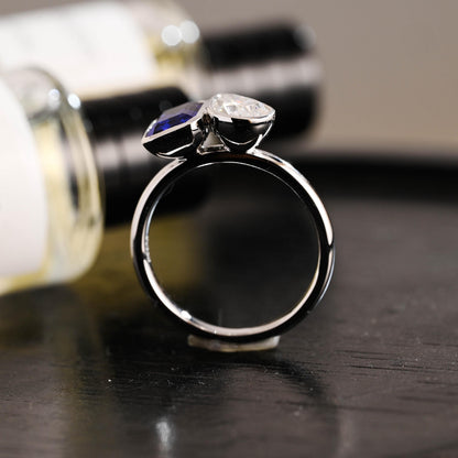 Bezel Solid Gold Emerald Cut Lab Grown Sapphire & Pear Cut Moissanite Toi et Moi Engagement Ring