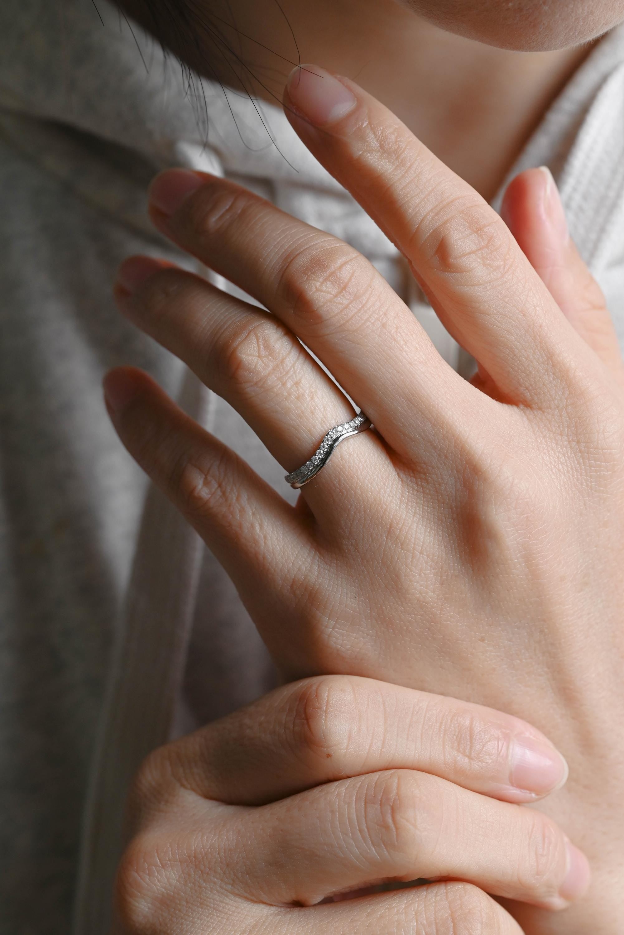 Solid Gold Curved Moissanite Wedding Band, Matching Ring