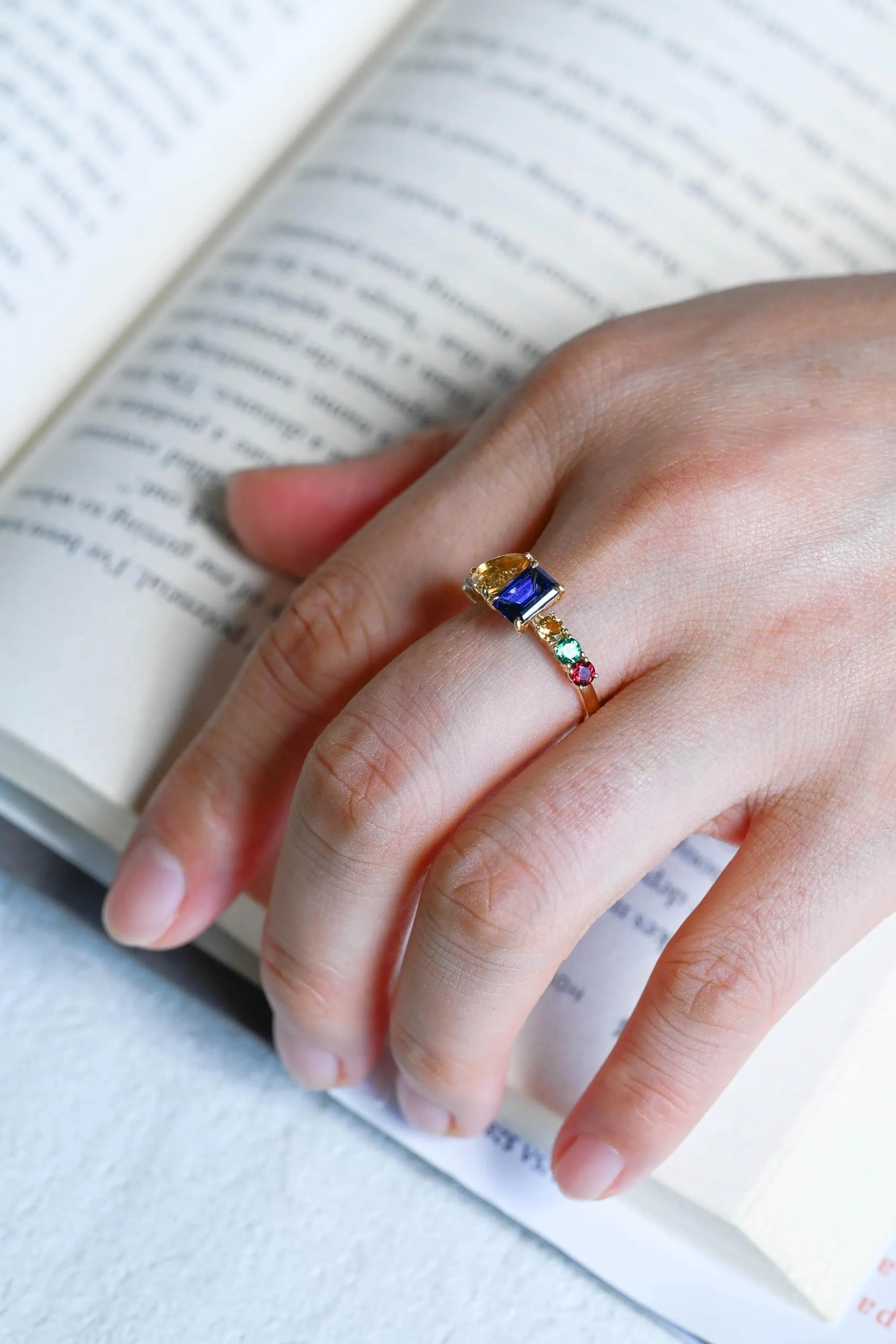 Solid Gold Toi et Moi Emerald Cut Lab Grown Sapphire & Pear Citrine Engagement Ring