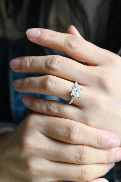 Solid Gold Princess Cut Moissanite Engagement Ring, Anniversary Gift Birthday Gift for Women Wife