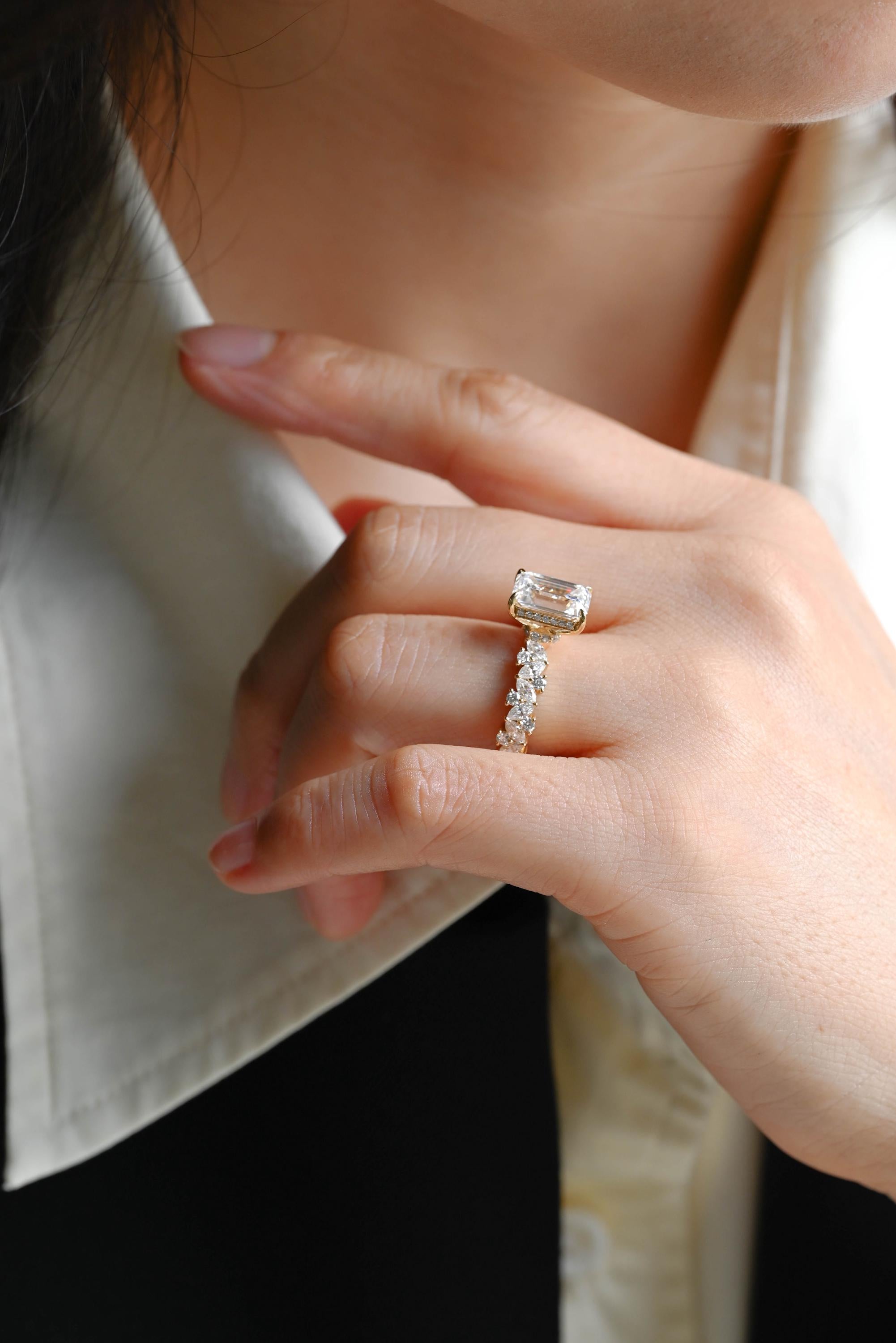 Solid Gold Emerald Cut Moissanite Engagement Ring, Proposal Ring, Promise Ring, Wedding Ring, Anniversary Gift Birthday Gift for Women Wife