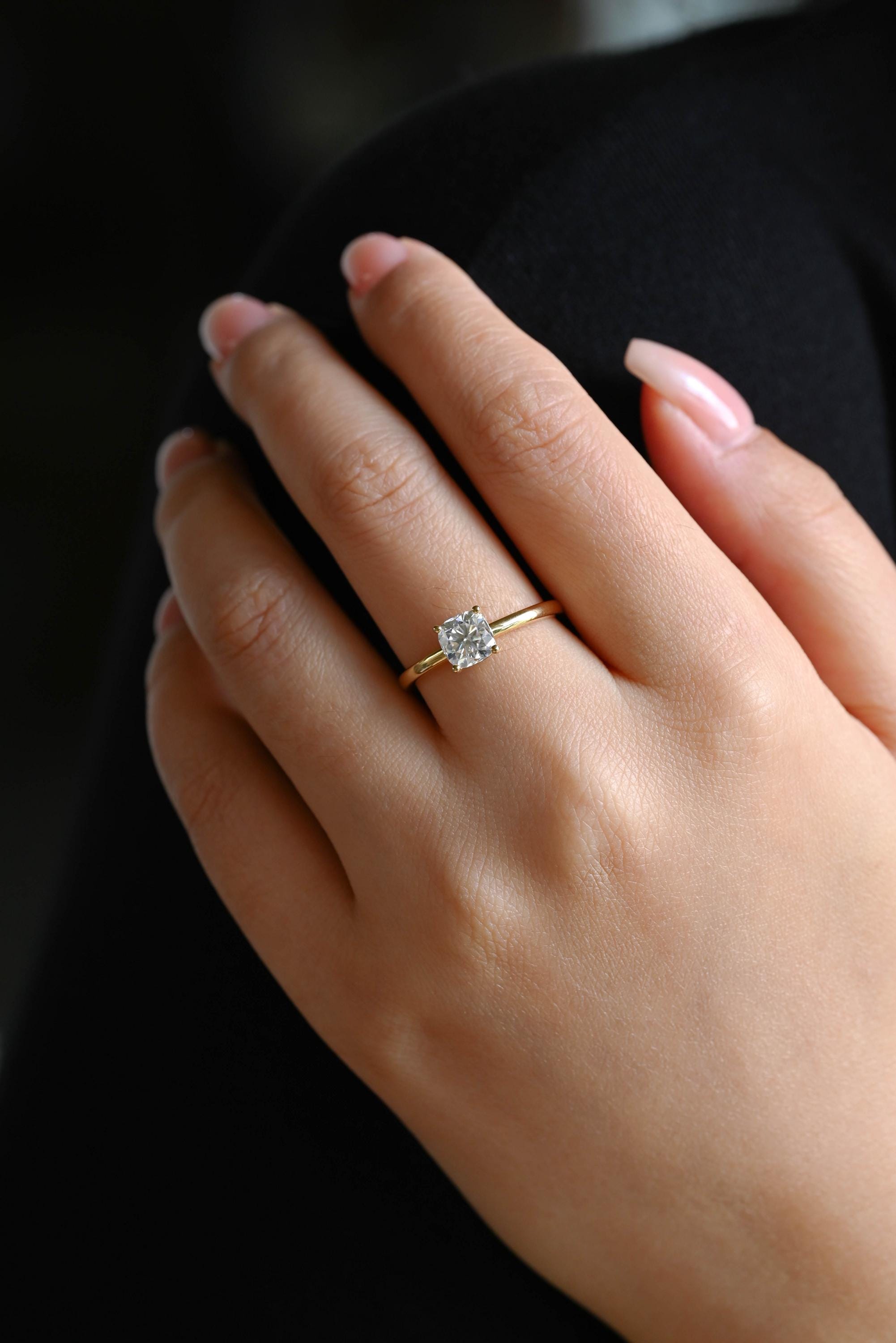 Solid Gold Cushion Cut Moissanite Engagement Ring, Solitaire Cushion Cut Moissanite Wedding Ring, Anniversary Ring, Low Setting Cushion Ring
