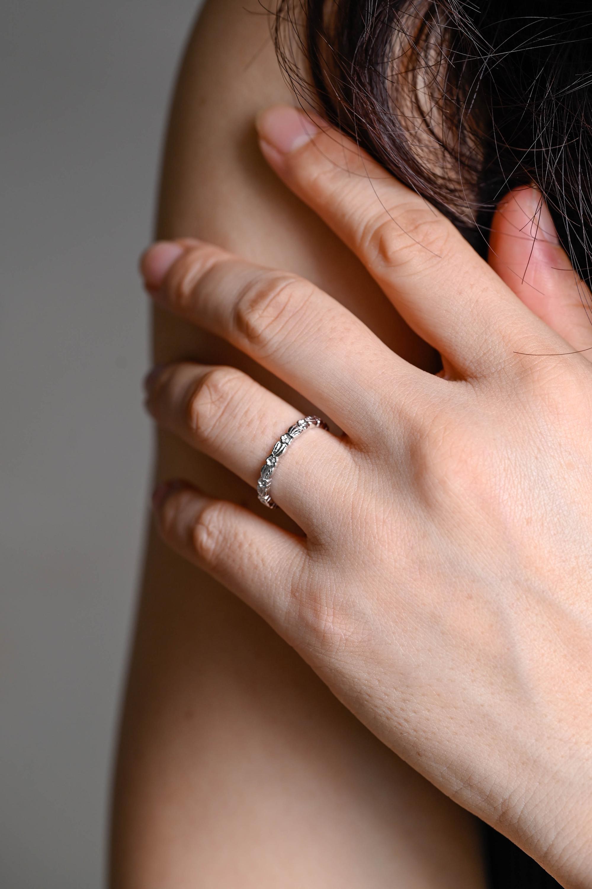 Solid Gold Floral Wedding Band, Nature Inspired Anniversary Ring