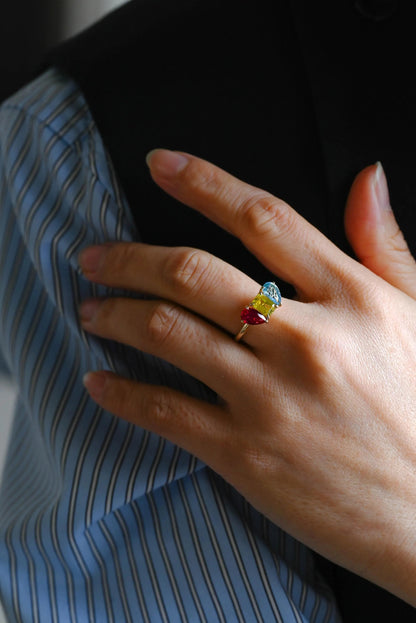 Solid Gold Pear Ruby & Emerald Cut Yellow Lab Grown Sapphire and Pear Blue Topaz Engagement Ring