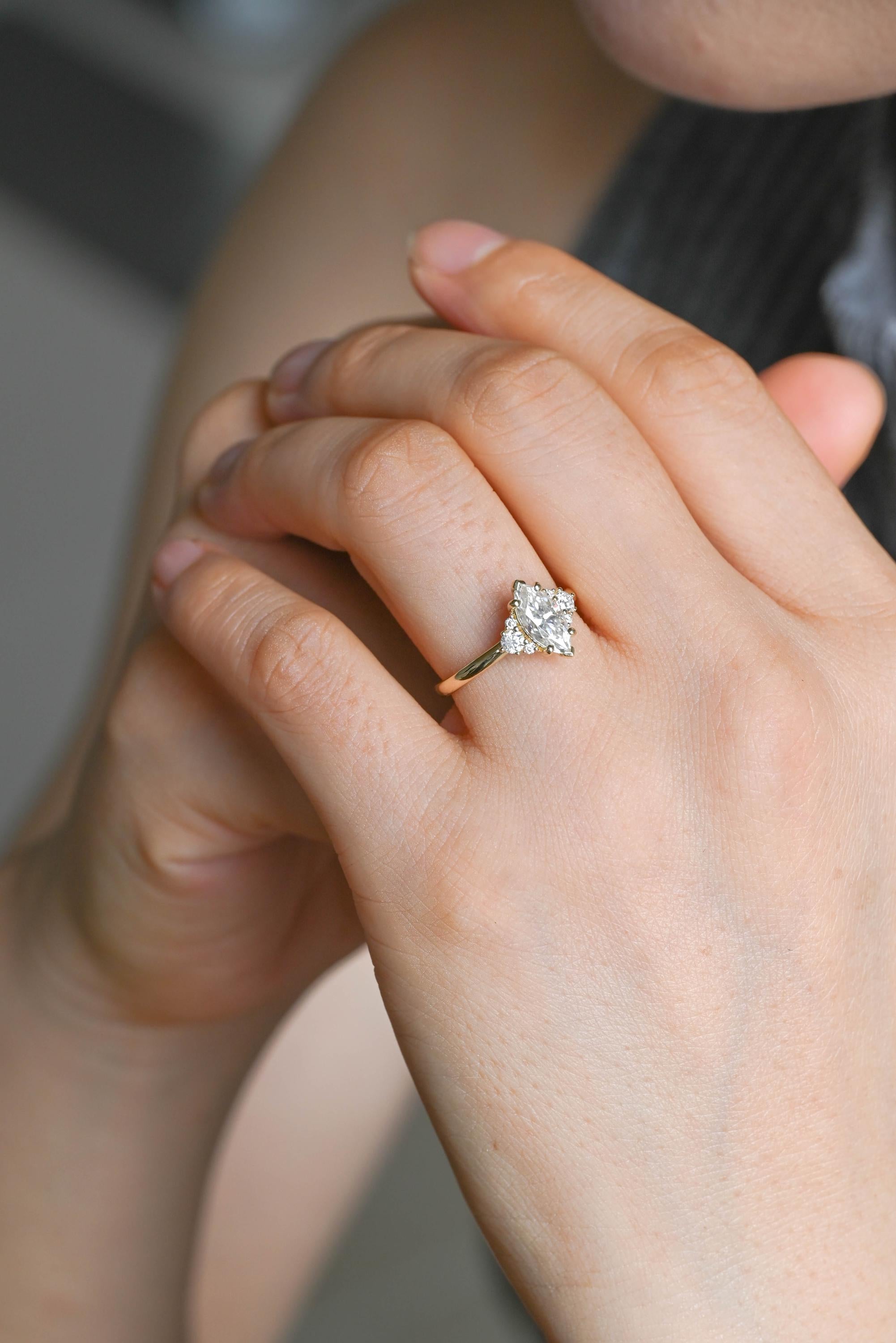Solid Gold Marquise Moissanite Engagement Ring, Side Cluster Ring, Anniversary Gift
