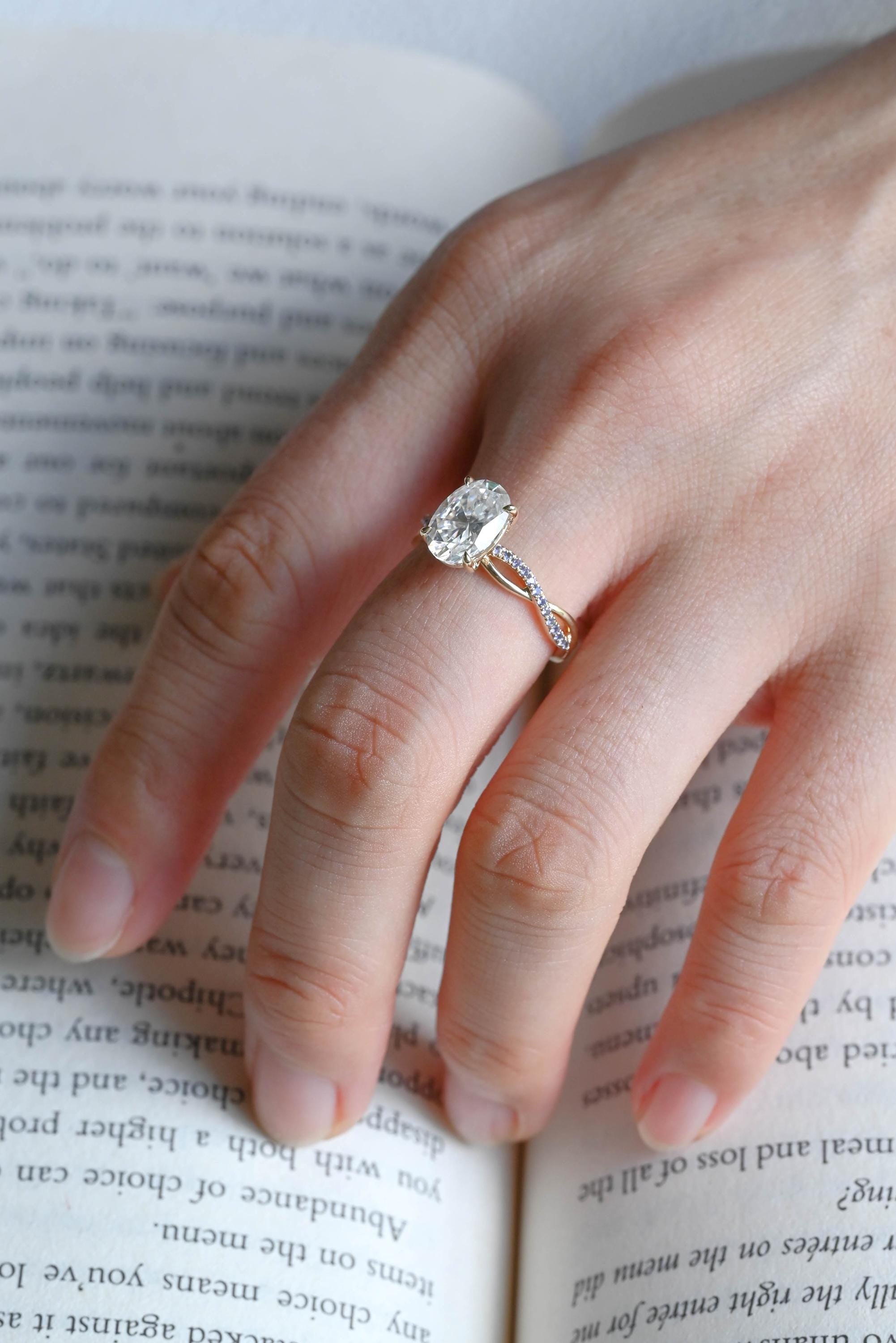 Solid Gold Oval Cut Moissanite Engagement Ring, Twisted Proposal Ring