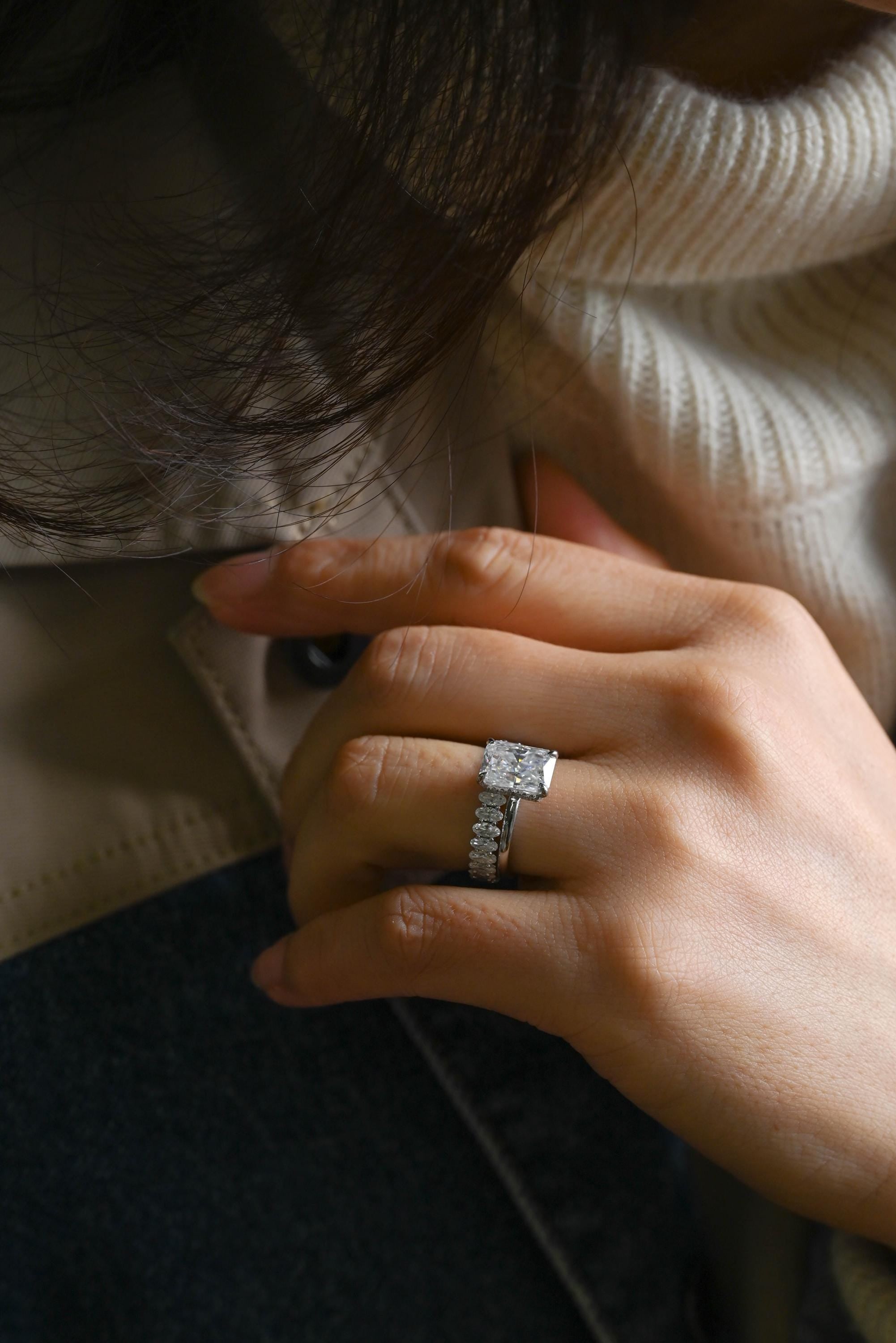 Ascot Radiant Cut Moissanite Engagement Ring Set, Solid Gold Oval Cut Wedding Ring