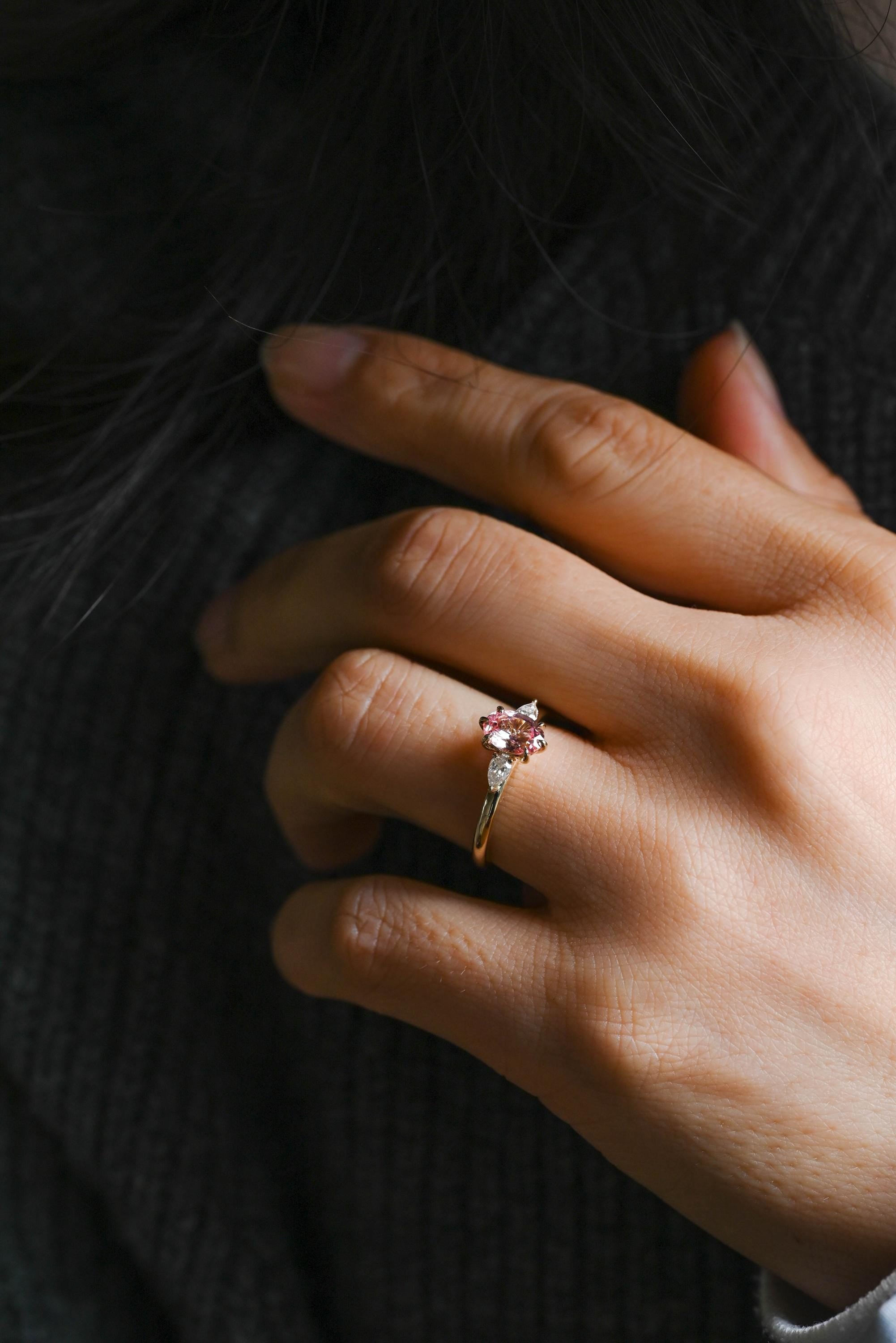 Solid Gold Oval Lab Grown Pink Sapphire Engagement Ring, Three Stone Proposal Ring