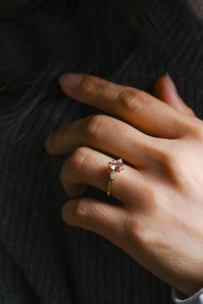 Solid Gold Oval Lab Grown Pink Sapphire Engagement Ring, Three Stone Proposal Ring