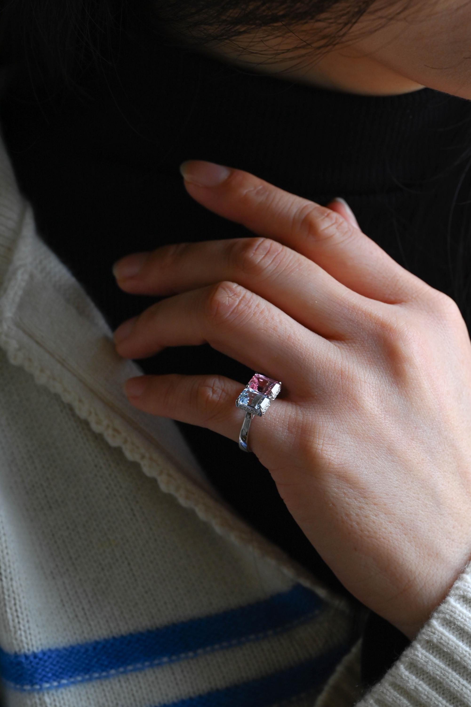 Solid Gold Toi et Moi Emerald Cut Pink Lab Grown Sapphire & Blue Lab Grown Sapphire Engagement Ring